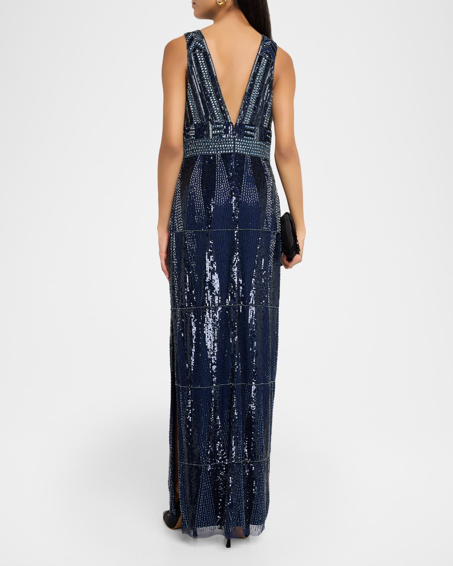 Aidan Mattox Beaded Deep V-Neck Column Gown | Neiman Marcus