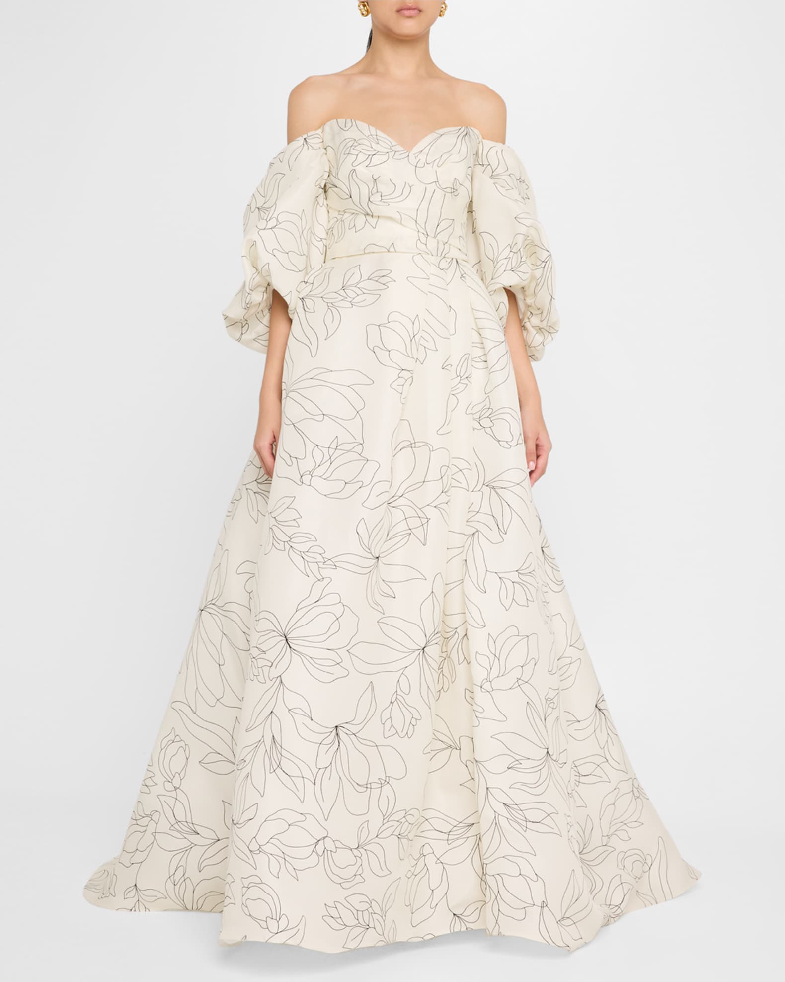 Off-The-Shoulder Floral Blouson-Sleeve Ball Gown 1