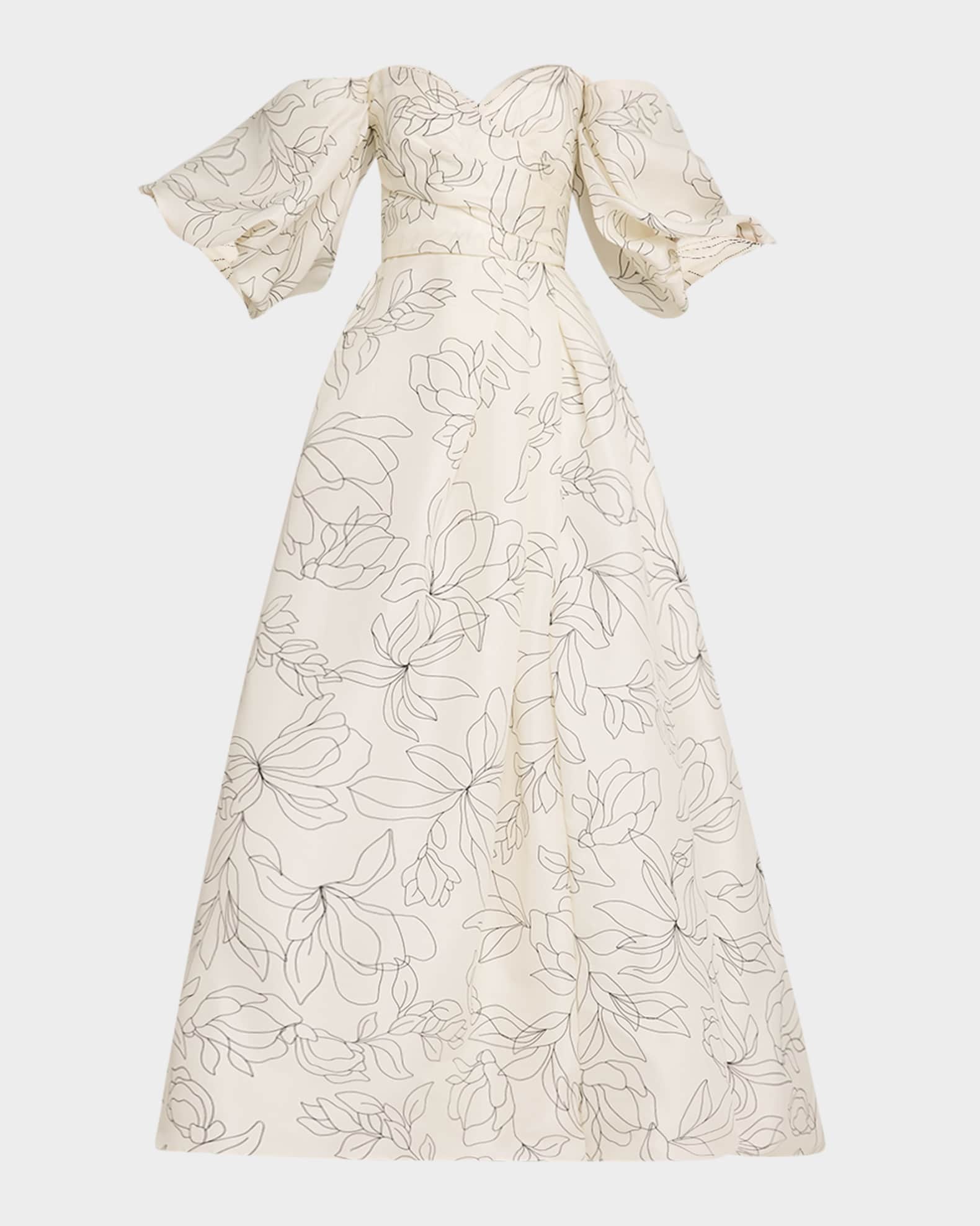 Off The Shoulder Floral Blouson Sleeve Ball Gown