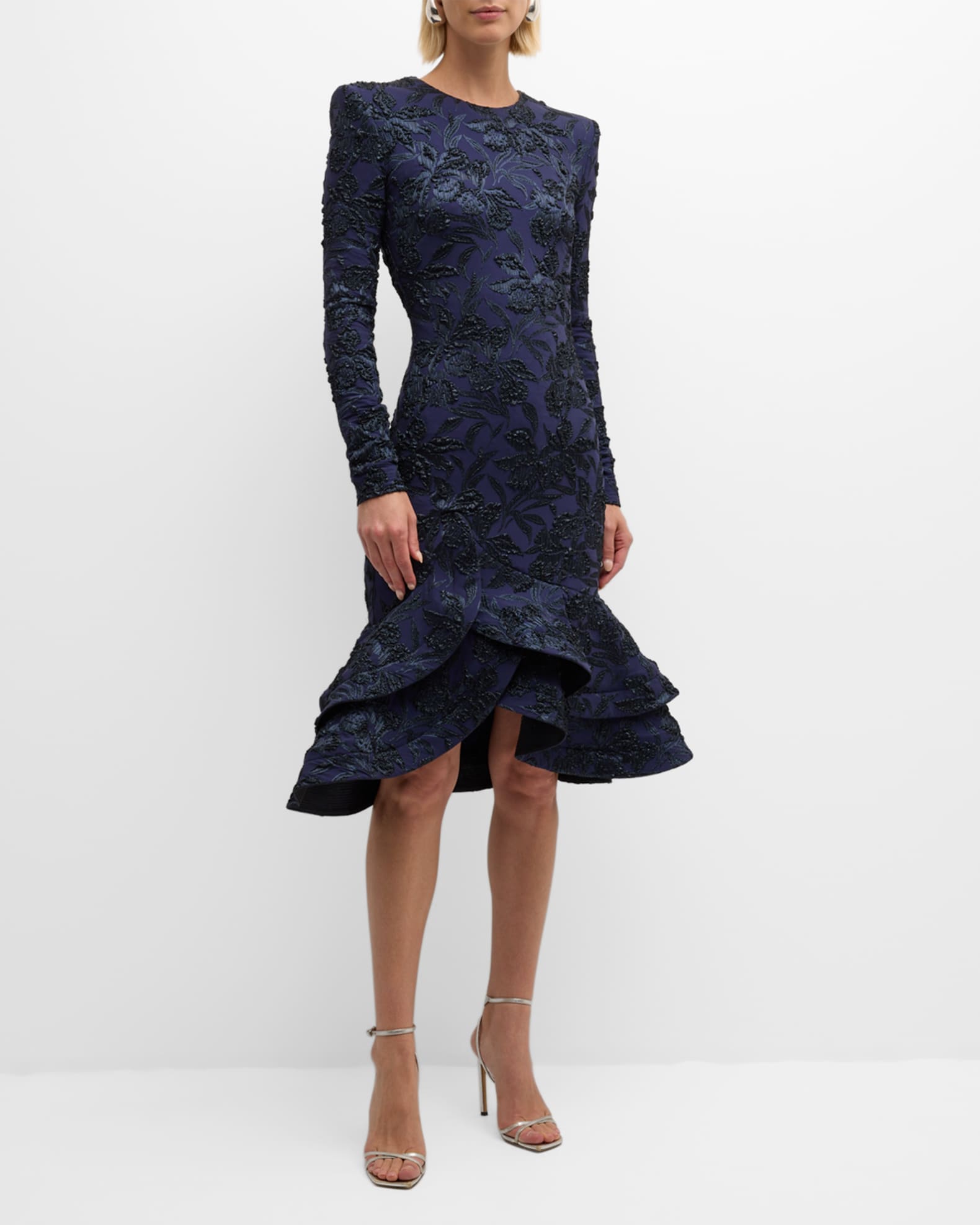Long-Sleeve Metallic Orchid Jacquard Mini Flare Dress 1