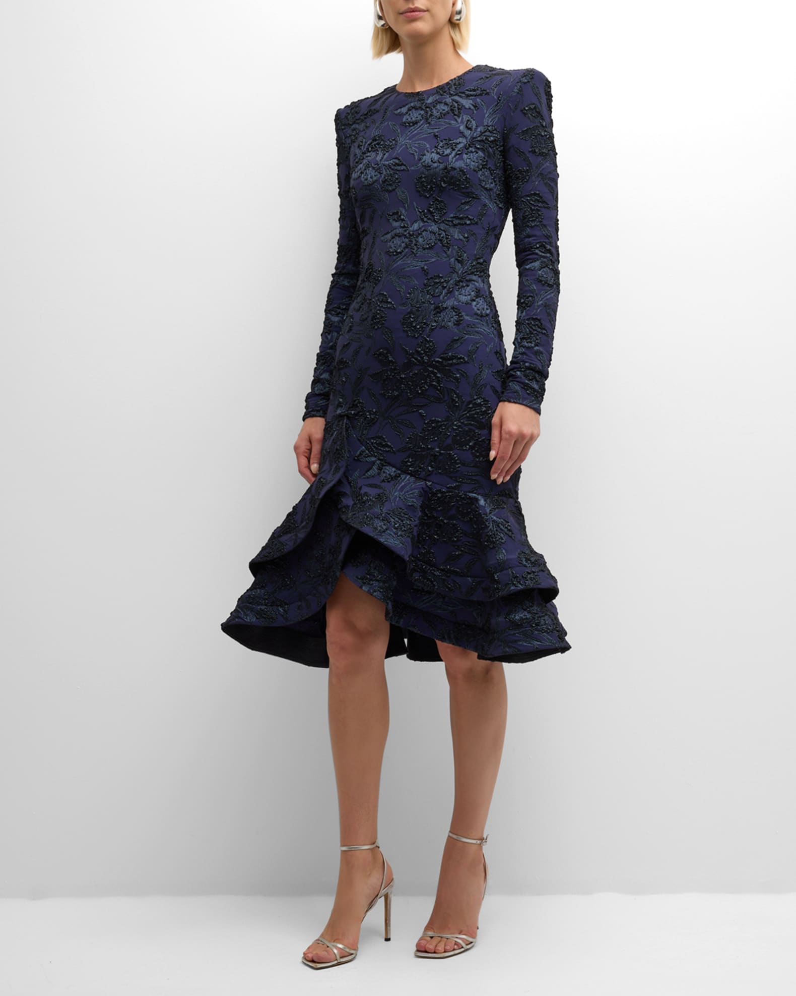 Long-Sleeve Metallic Orchid Jacquard Mini Flare Dress