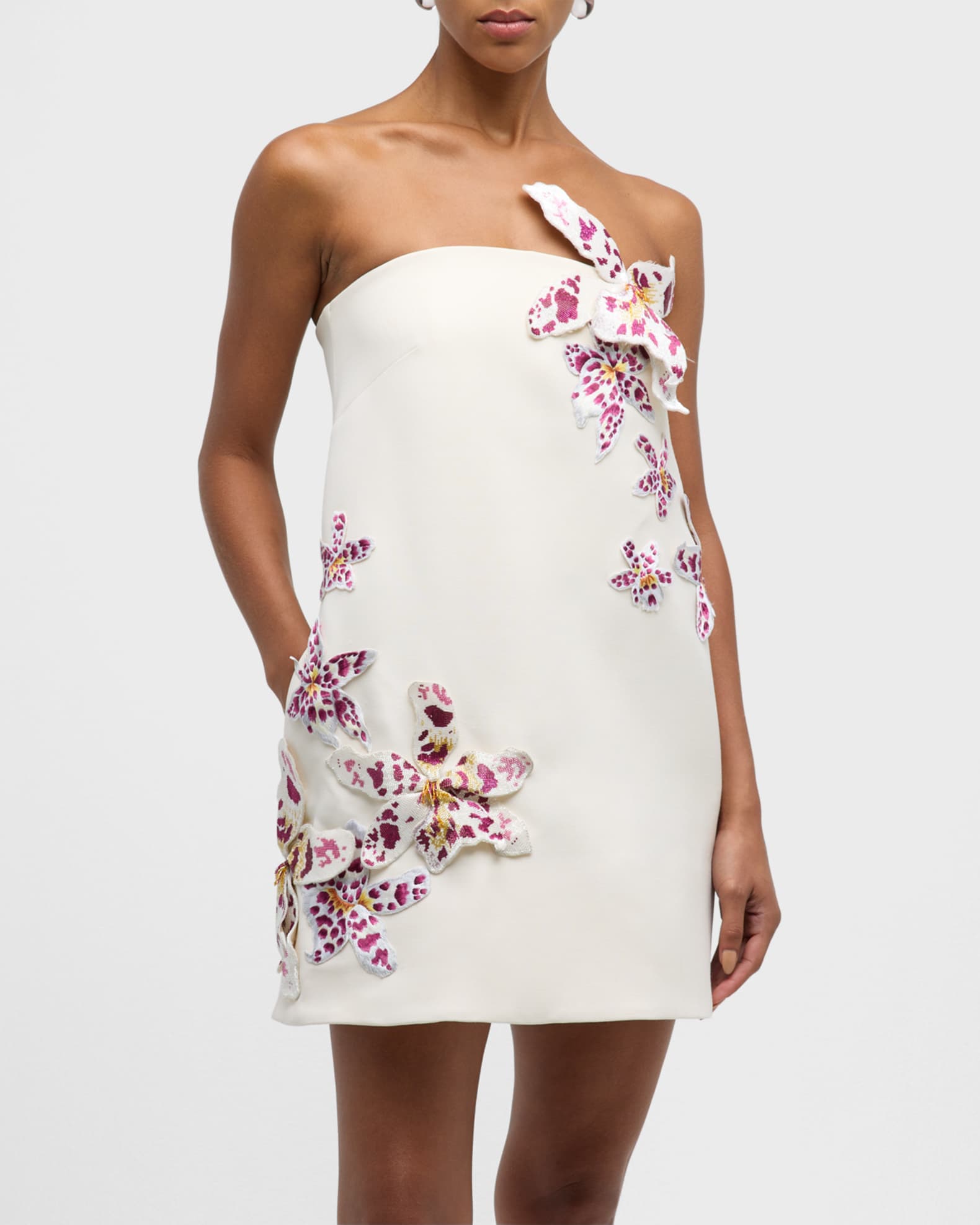 Oscar de la Renta Strapless Watercolor Orchid Bugle Beaded Mini Dress