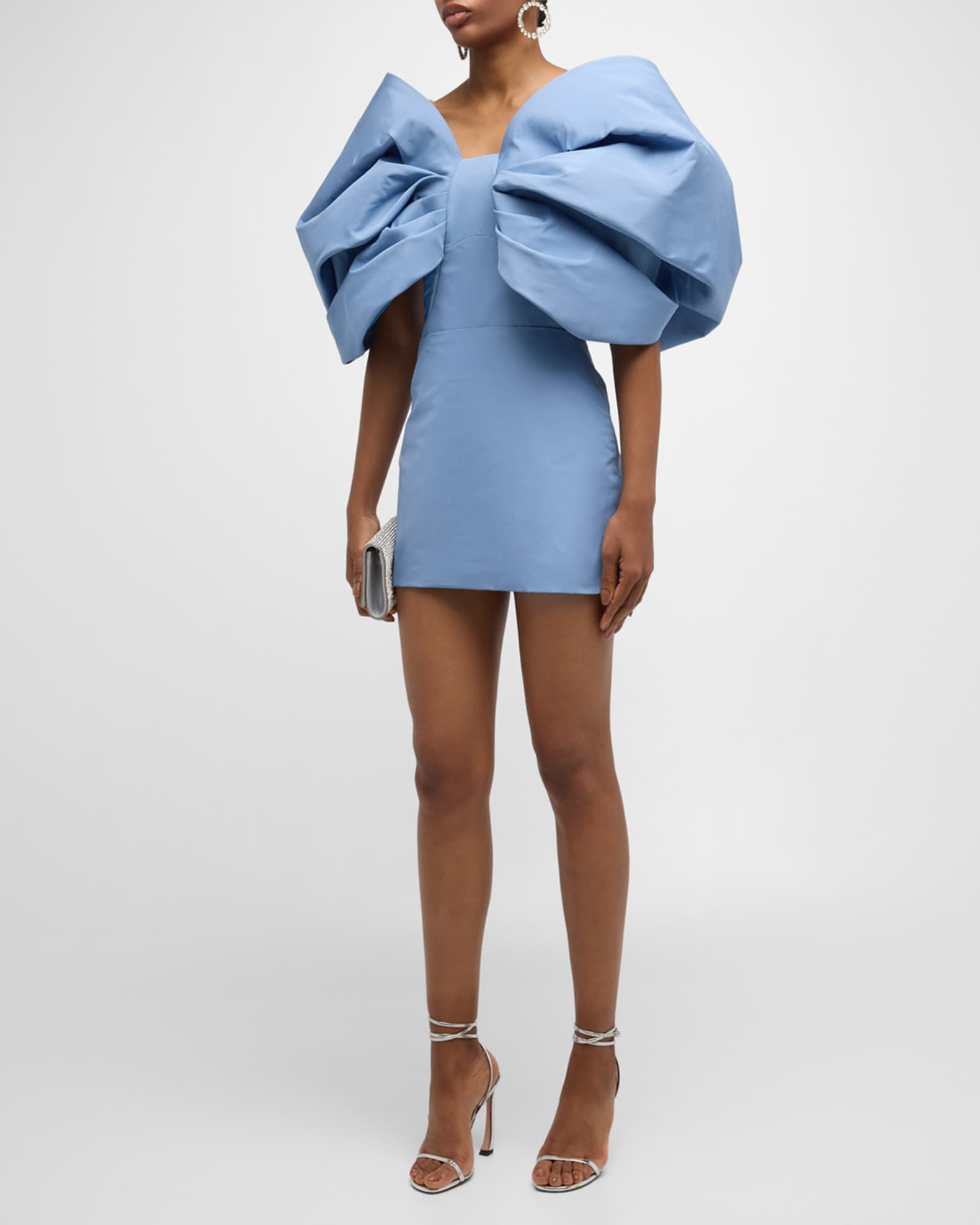 Draped Bow-Sleeve Mini Dress With Train 1