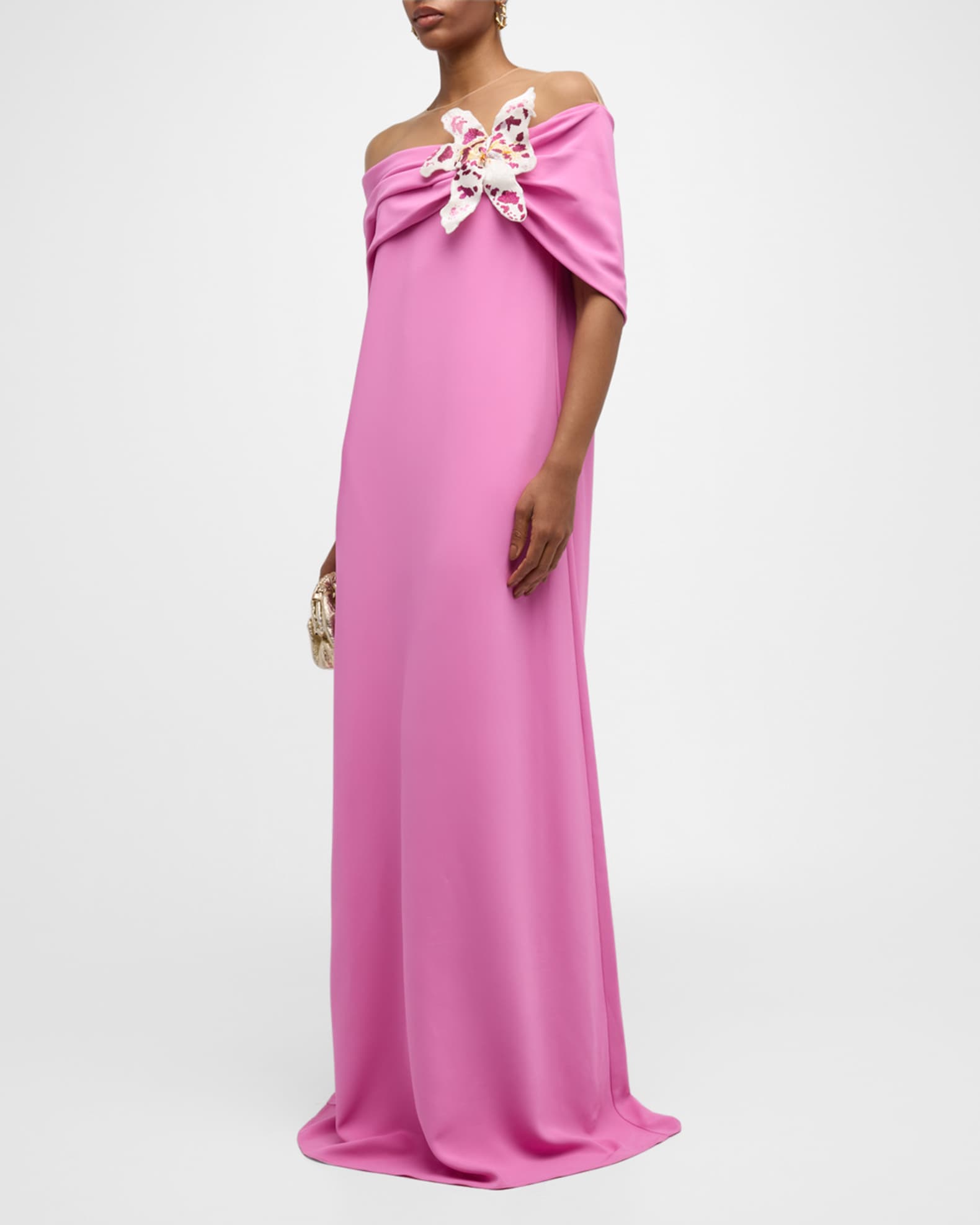 Watercolor Orchid Off-The-Shoulder Illusion Caftan Gown 1