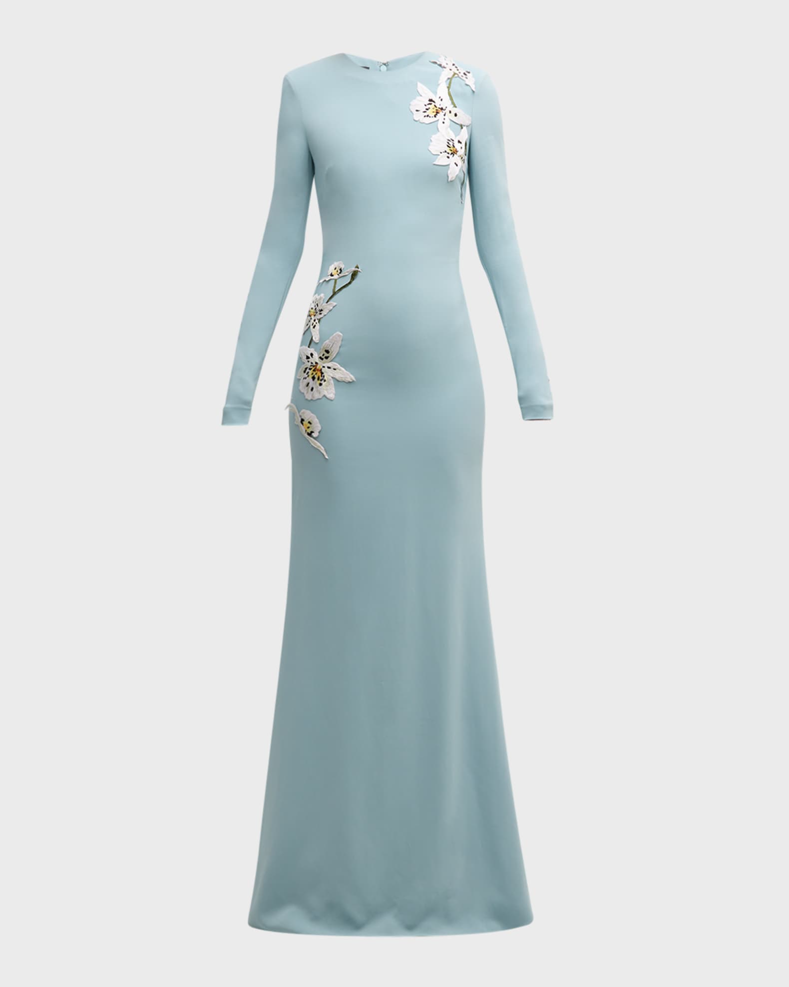 Oscar de La Renta Orchid Embroidered Cady Gown Blue