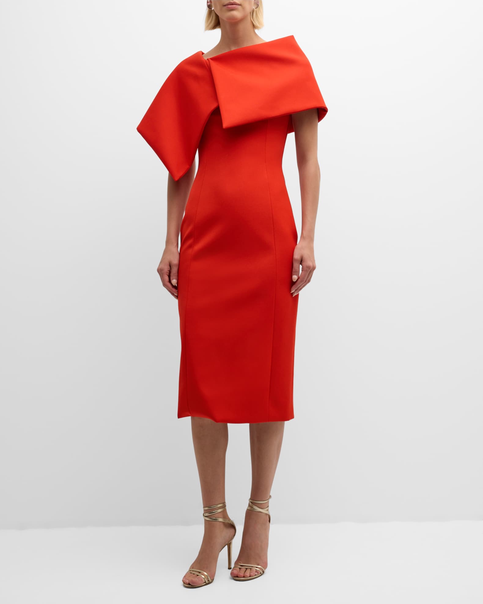 Foldover-Neck Bonded Wool Tailoring Midi Dress 1