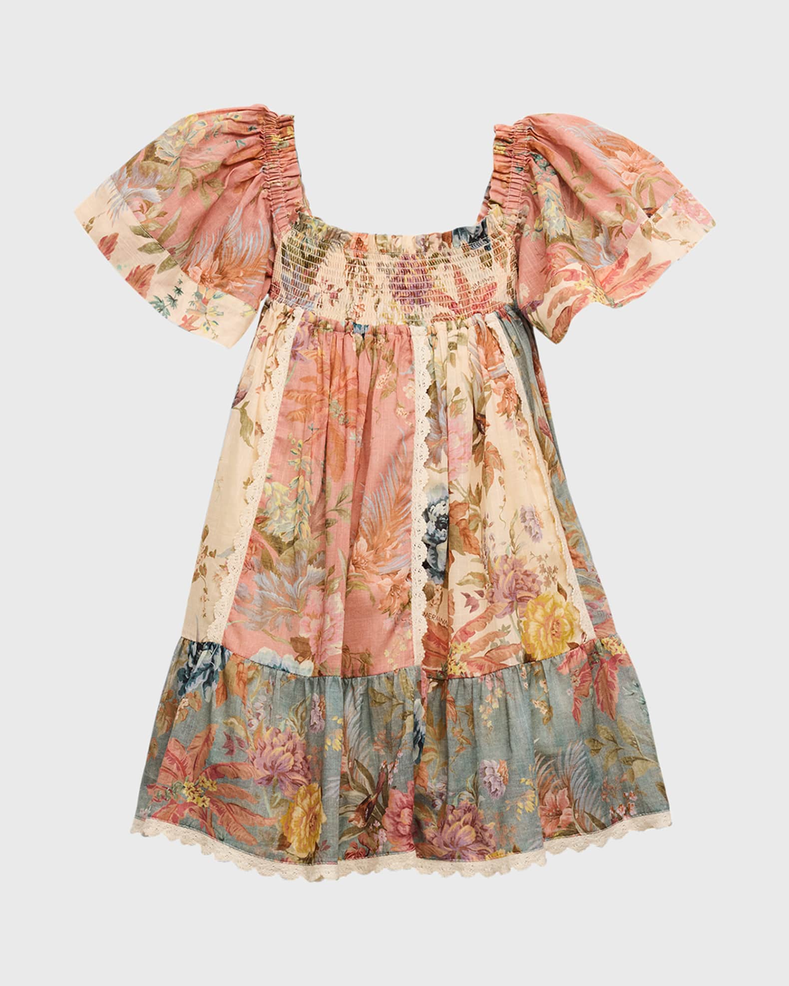 Zimmermann Girl s Tallow Smocked Floral print Patchwork Print Frill Dress Size 2 12 Spliced 4 Girls Apparel Dresses