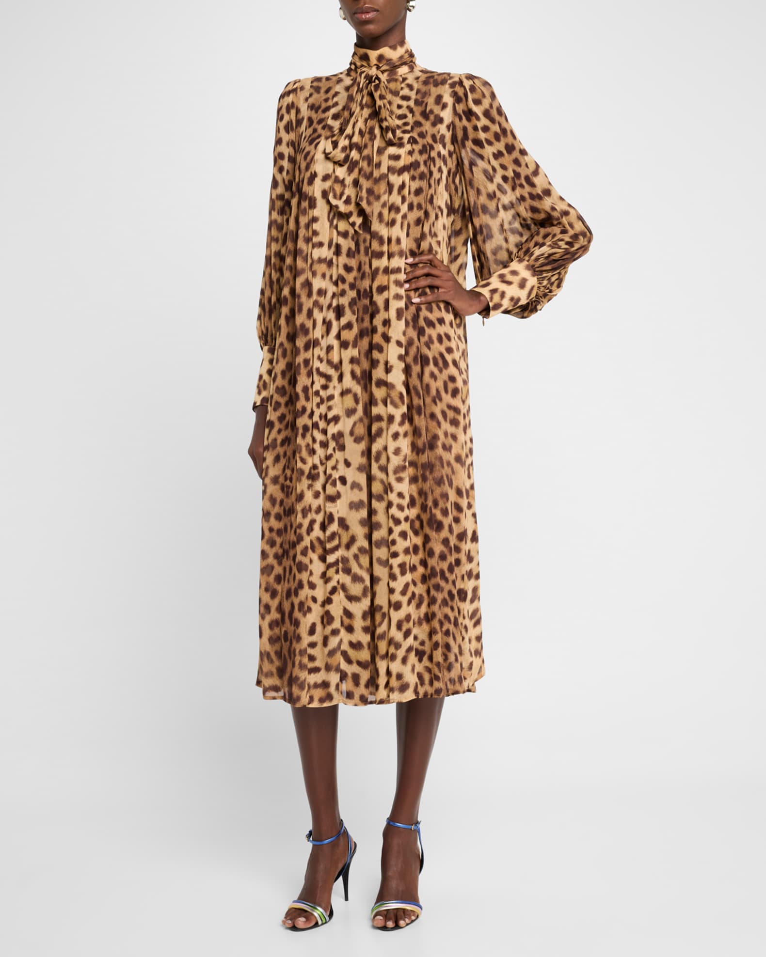 【Zimmermann】Crush tie-neck pleated leopard midi dress Zimmermann Crush Tie Neck Leopard Midi Dress | Neiman Marcus