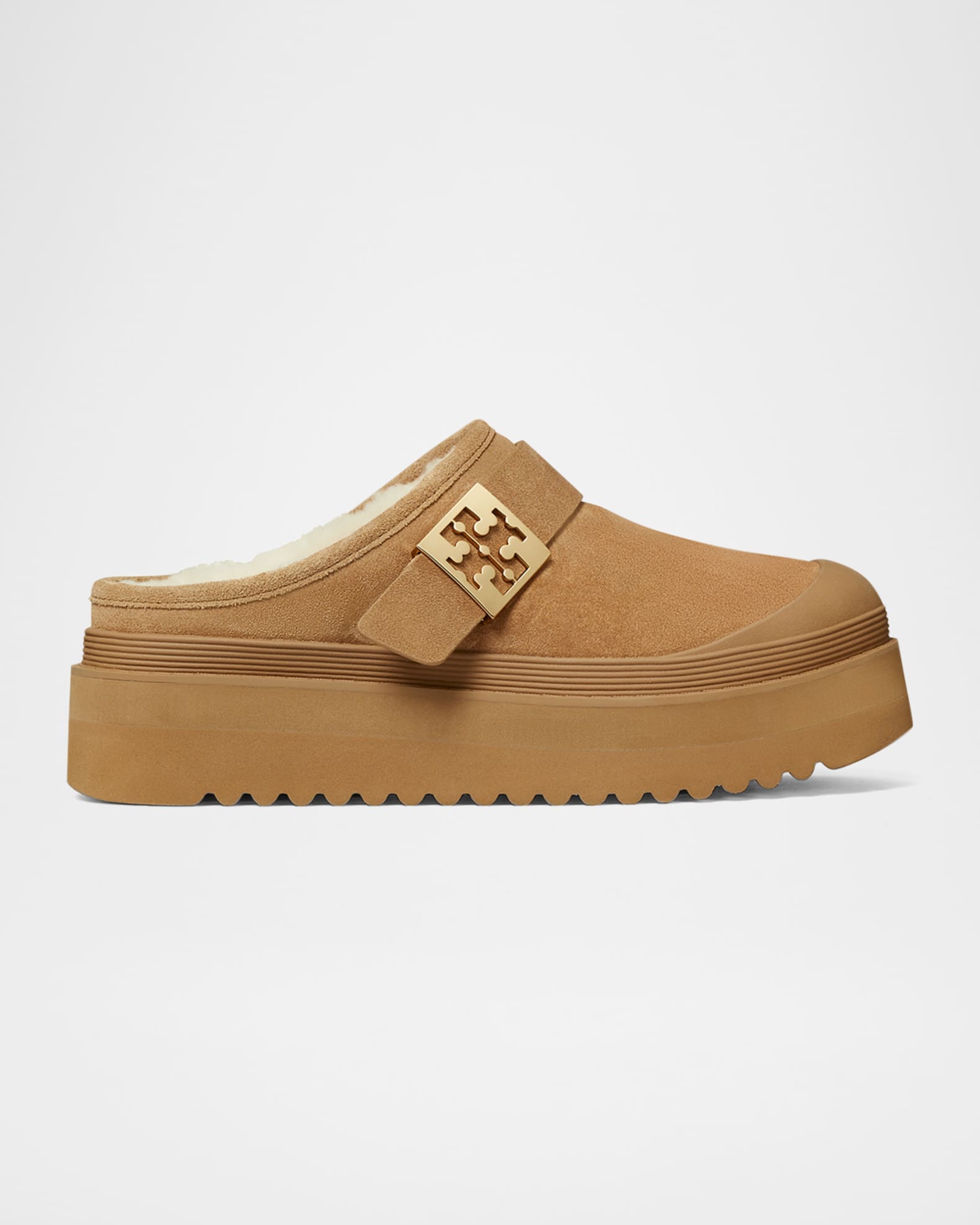 Mellow Suede Shearling Buckle Platform Loafer Mules 0