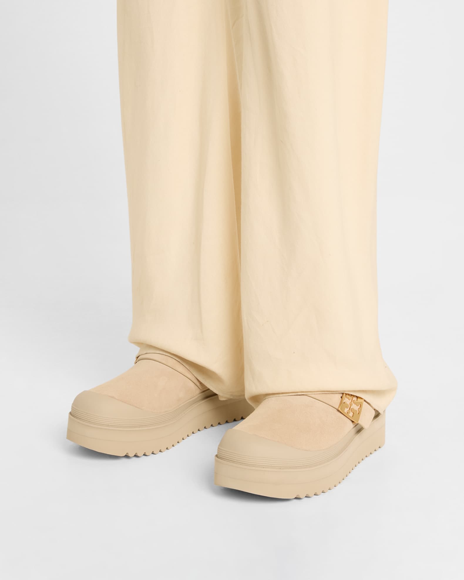 Mellow Suede Shearling Buckle Platform Loafer Mules 1