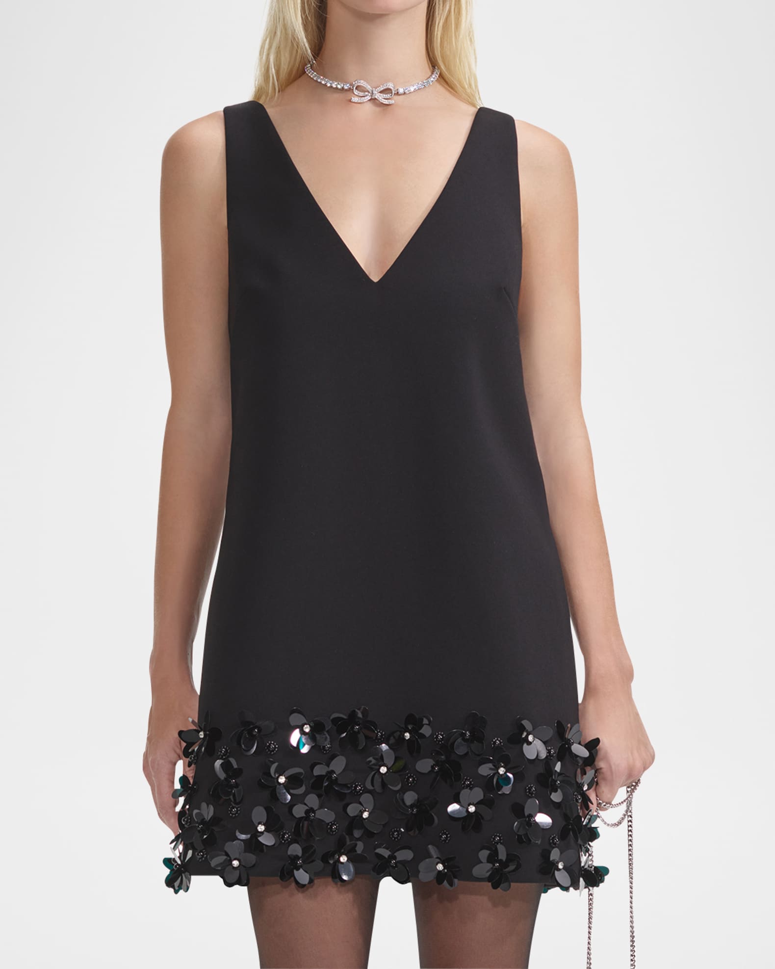 Self-Portrait Black Crepe 3D Sequined Mini Dress | Neiman Marcus