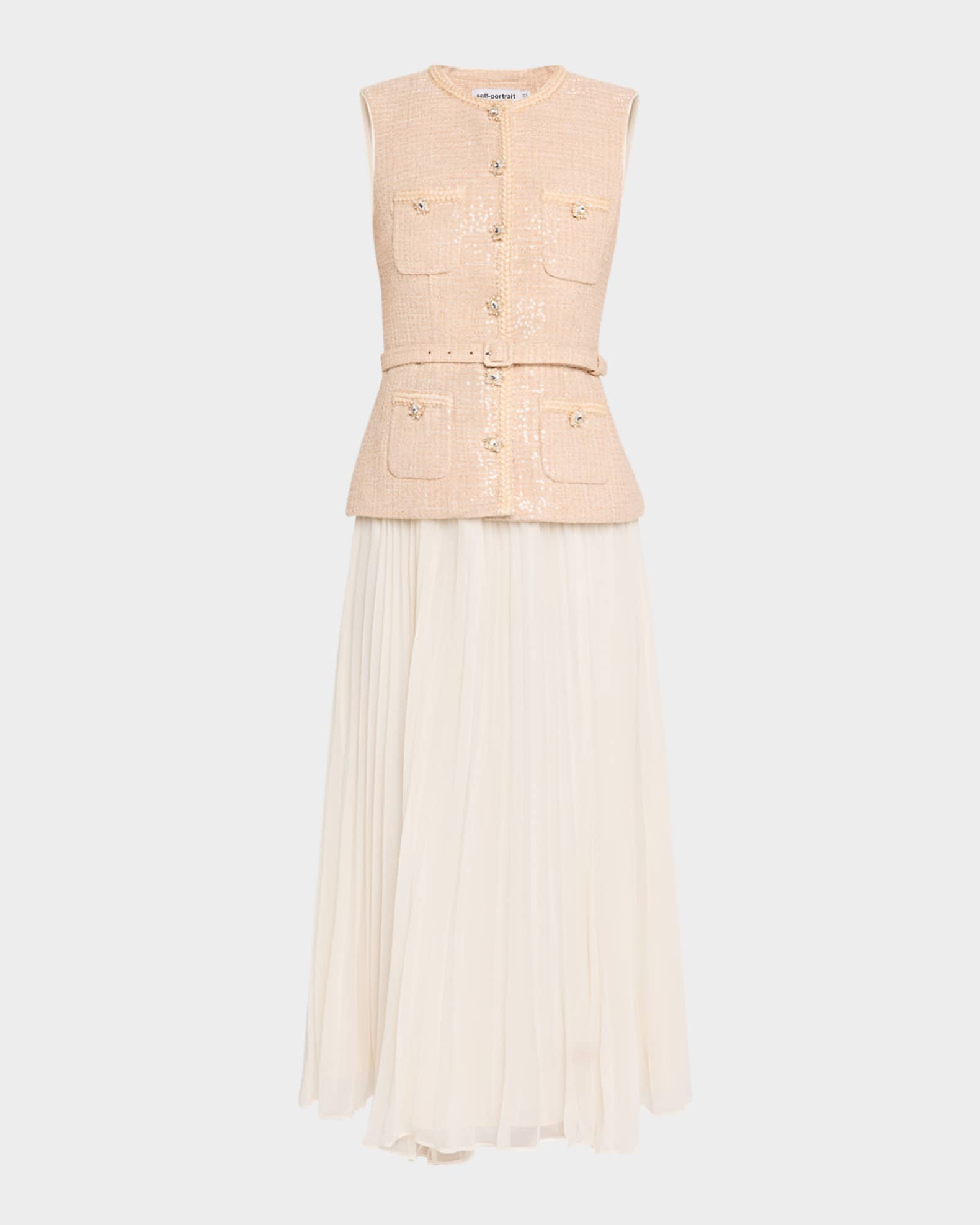 Sequined Boucle Chiffon Midi Dress 0