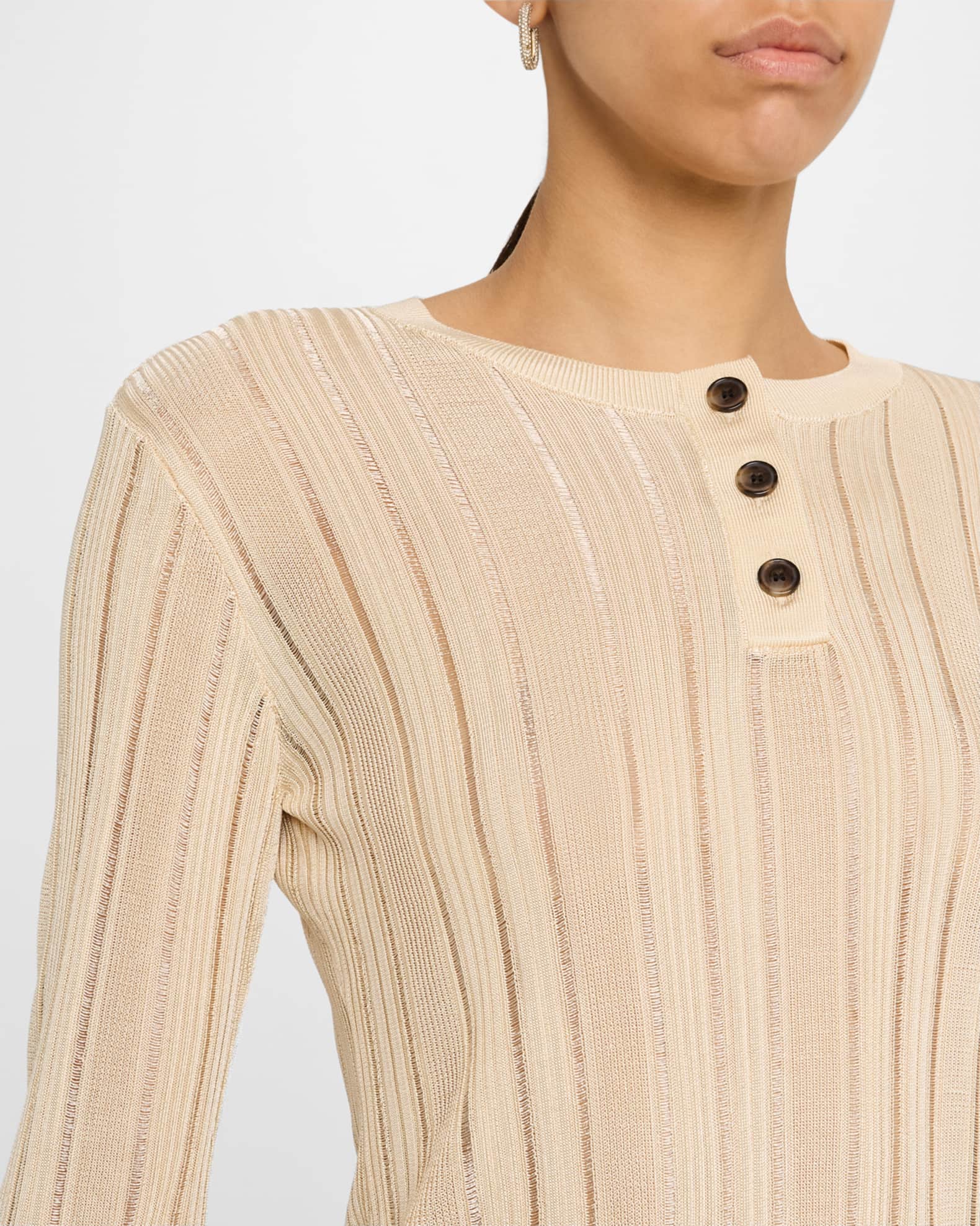 FRAME Laddered Long-Sleeve Ribbed Henley Top | Neiman Marcus