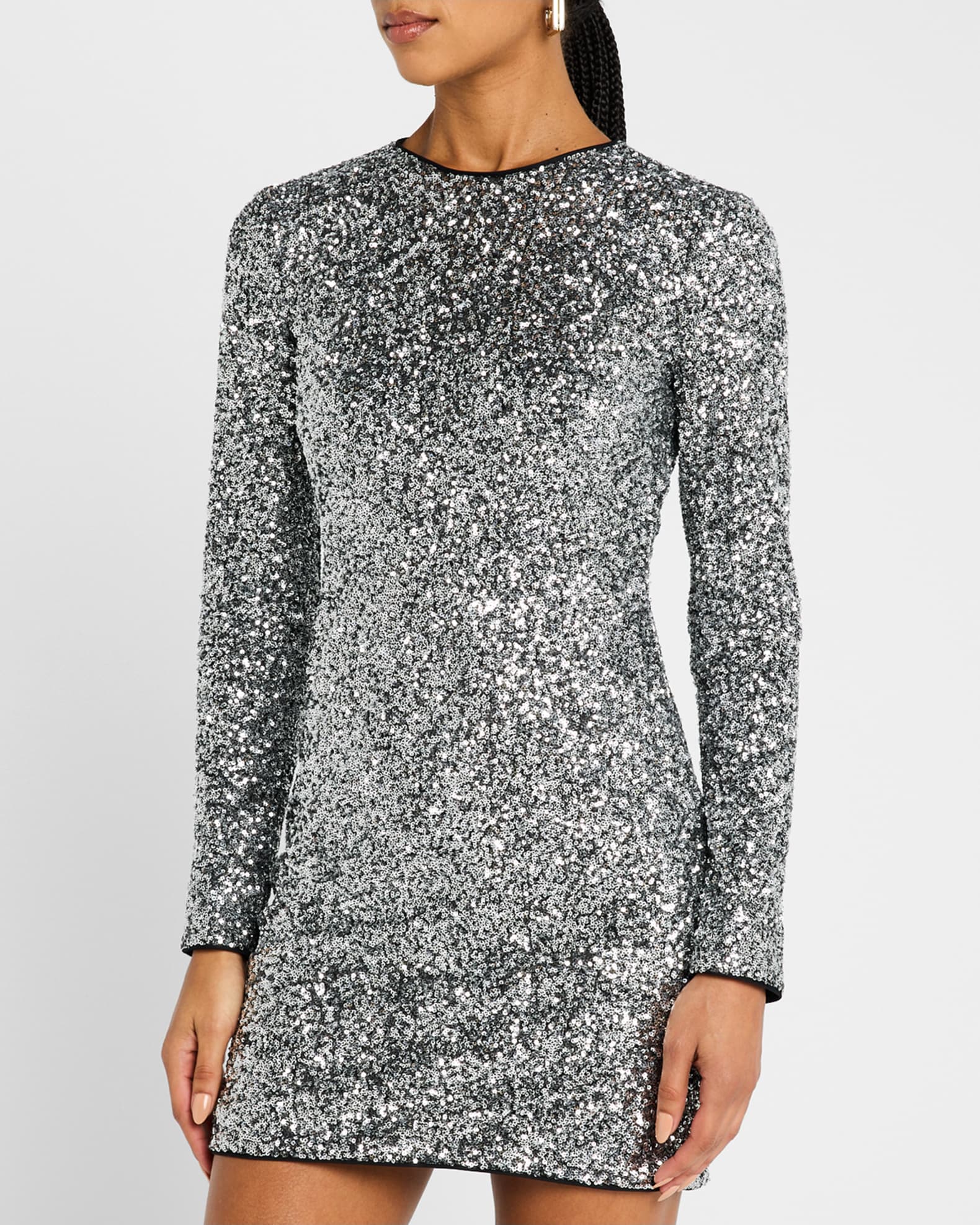 Frame Long Sleeve Sequined Mini Dress Silver Women s XS Cocktail Party Wedding Guest Dresses Sequined Dresses