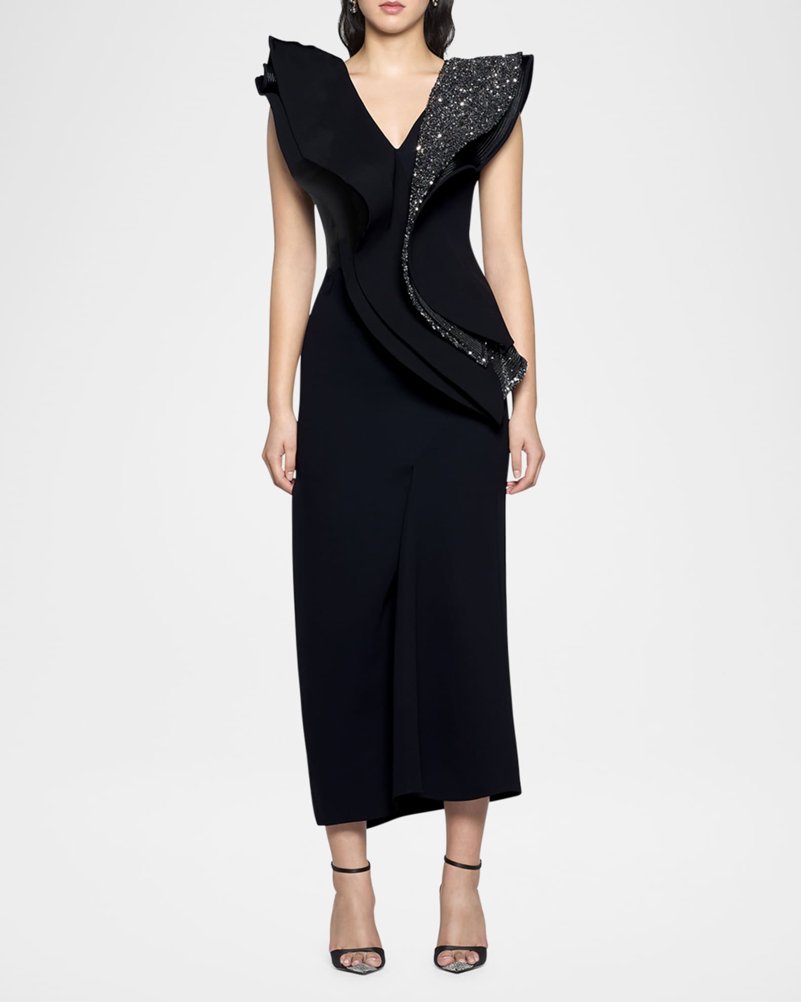Revive Wave Sequined-Ruffle Slit Midi Dress 1