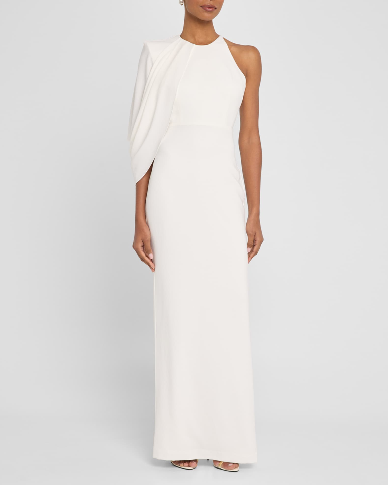 Asymmetric Cape-Sleeve Crepe Column Gown 1
