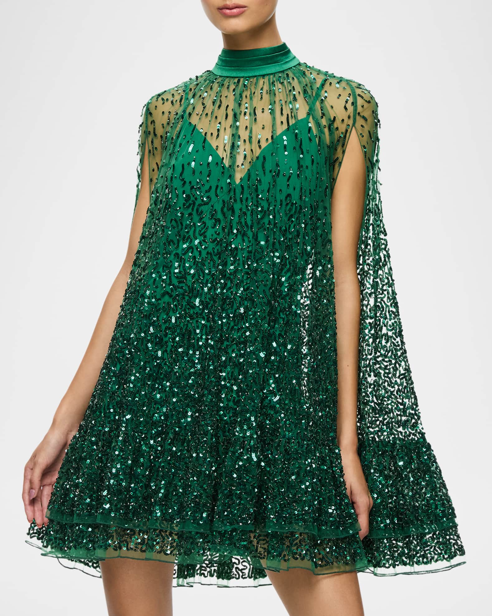 Zenon Embellished Tie-Neck Cape Mini Dress