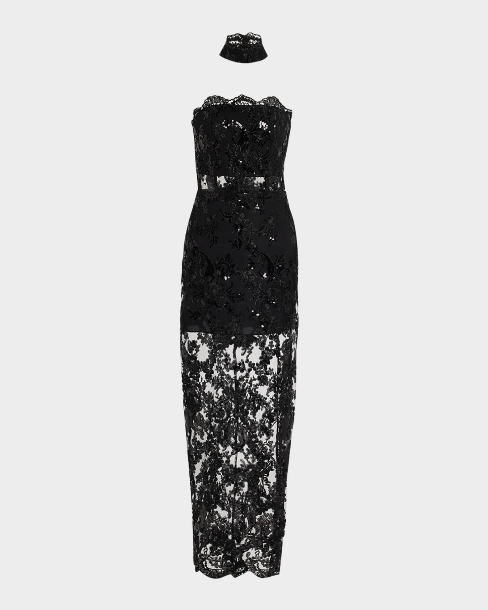 Alice Olivia Georgie Sequined Semi Sheer Strapless Gown with Collar Neiman Marcus