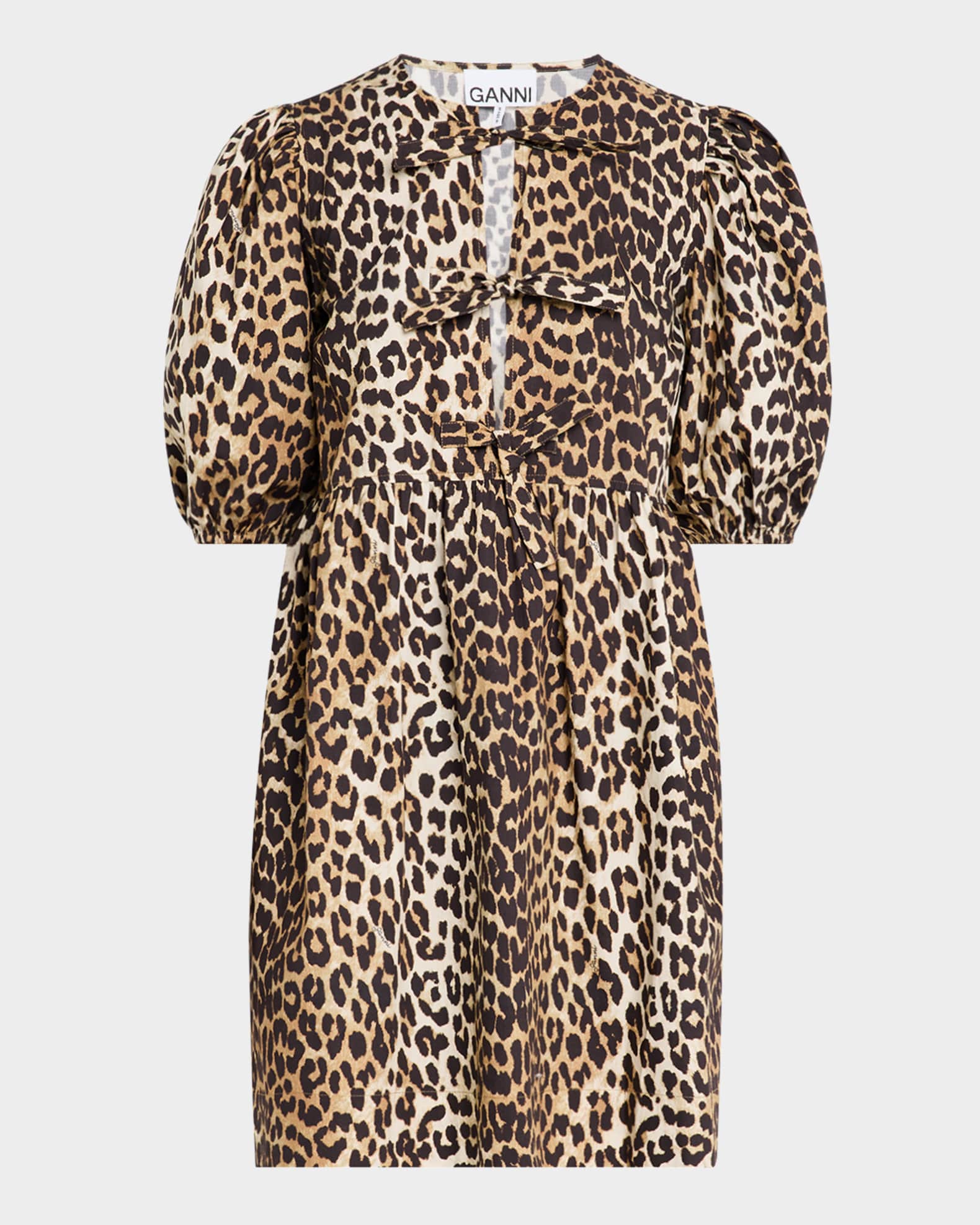 Leopard Tie-Front Puff-Sleeve Mini Dress 0