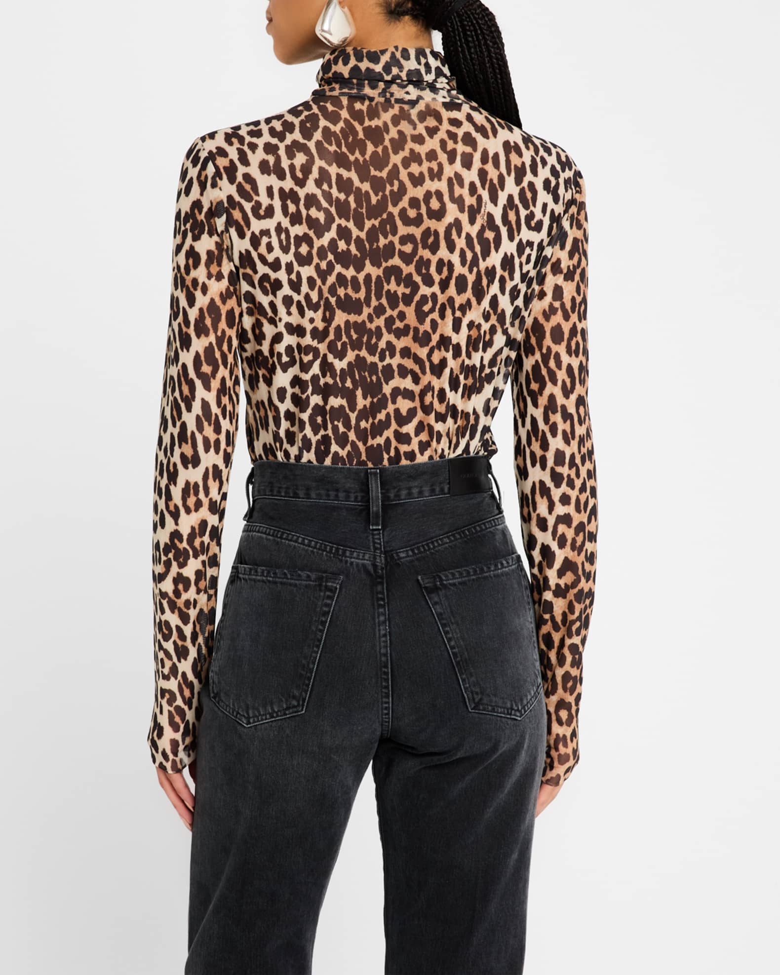 Ganni Long Sleeve Leopard Mesh Turtleneck Neiman Marcus