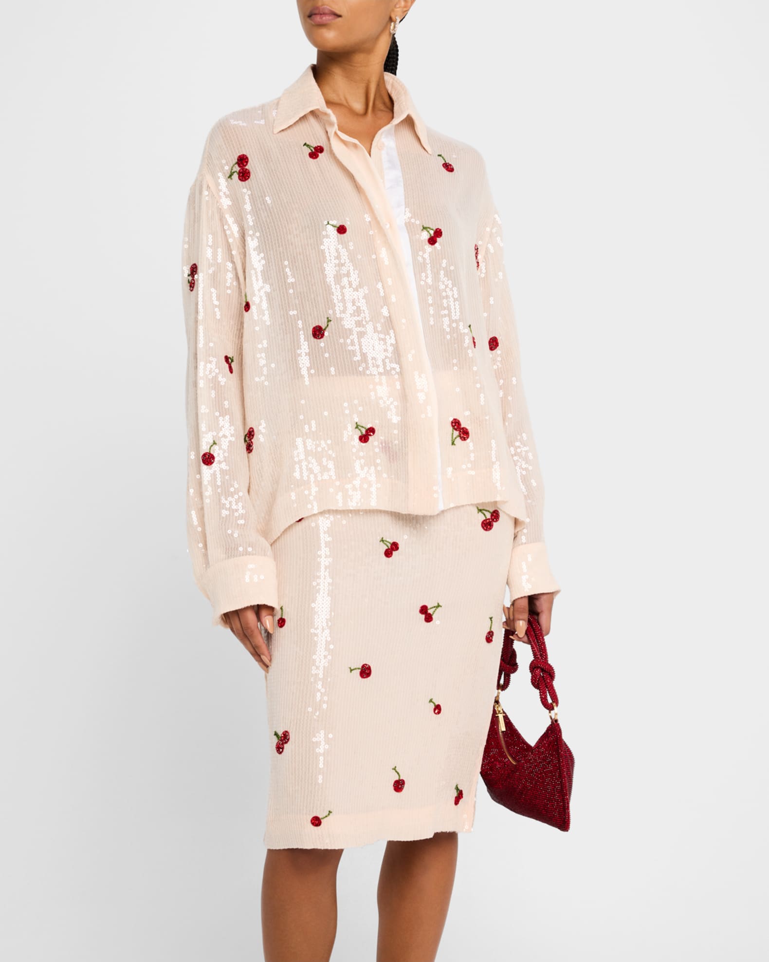 【関税込み】DES PHEMMES SHIRT WITH RHINESTONES Des Phemmes Sequined Cherry Boyfriend Shirt | Neiman Marcus
