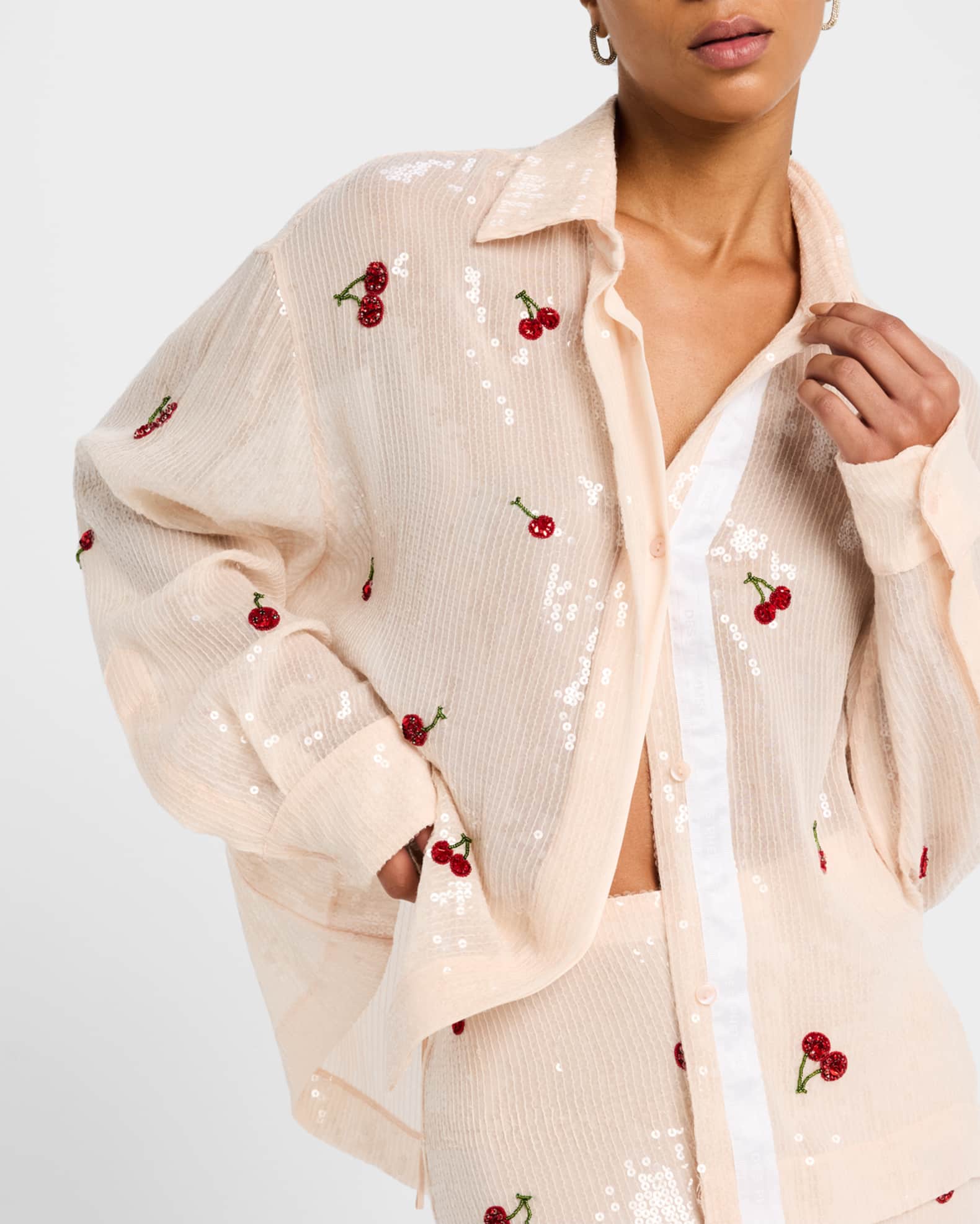 【関税込み】DES PHEMMES SHIRT WITH RHINESTONES Des Phemmes Sequined Cherry Boyfriend Shirt | Neiman Marcus