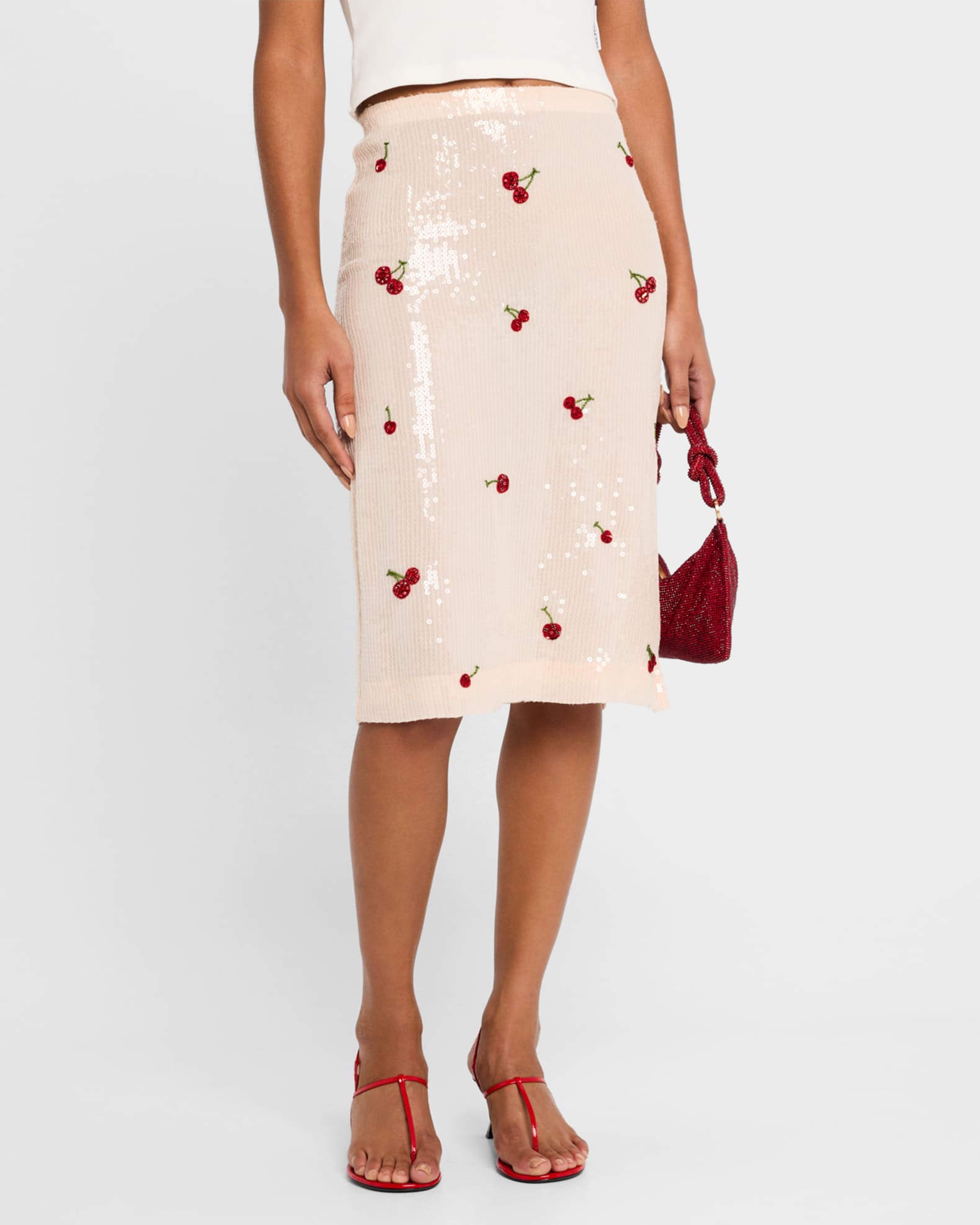 【関税込み】DES PHEMMES SKIRT WITH CHERRY EMBROIDERY Des Phemmes Cherry Sequined Midi Skirt | Neiman Marcus