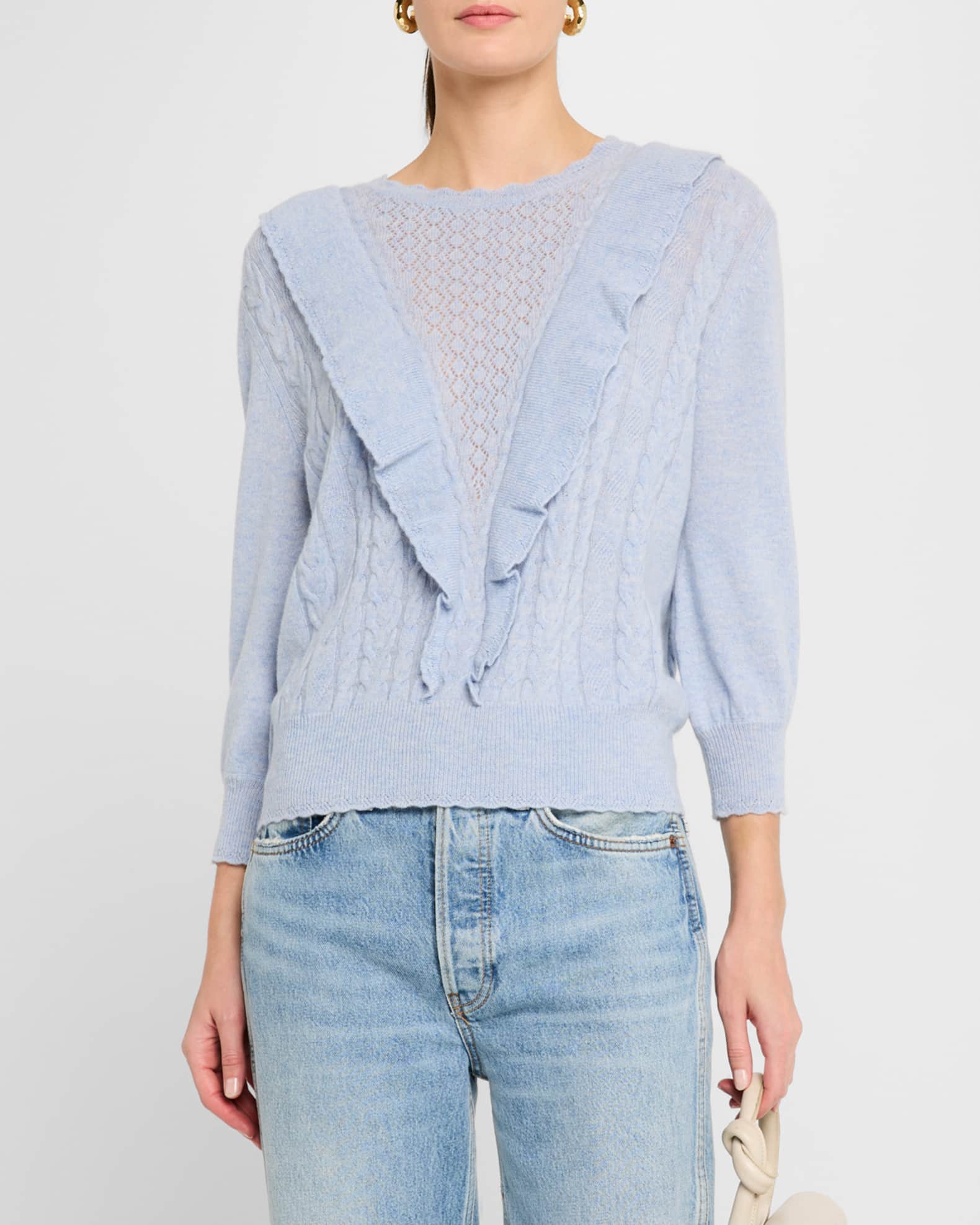 Ruffle Trim Cable Cashmere Sweater