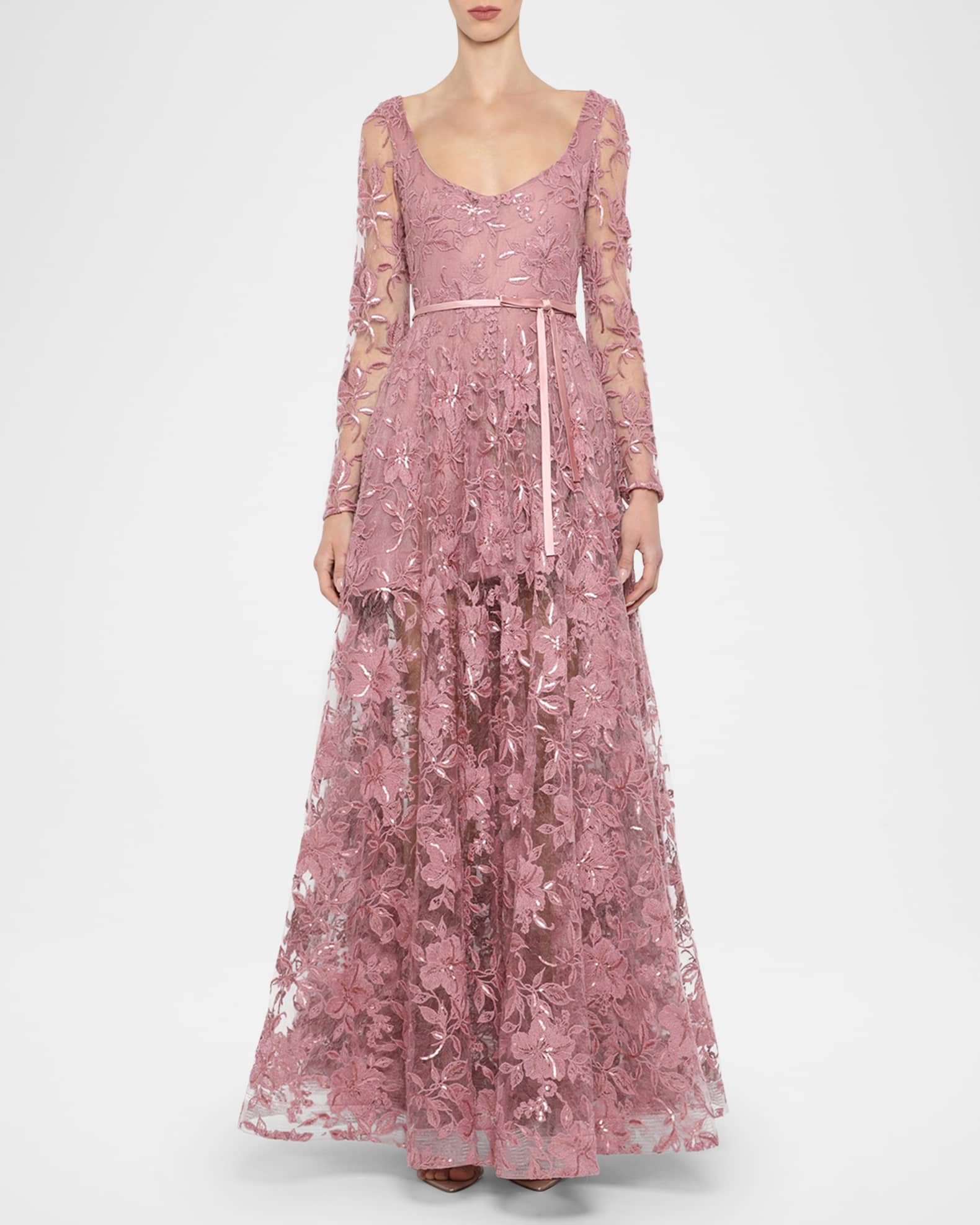 Meadow Floral Embroidered Long-Sleeve Gown 0