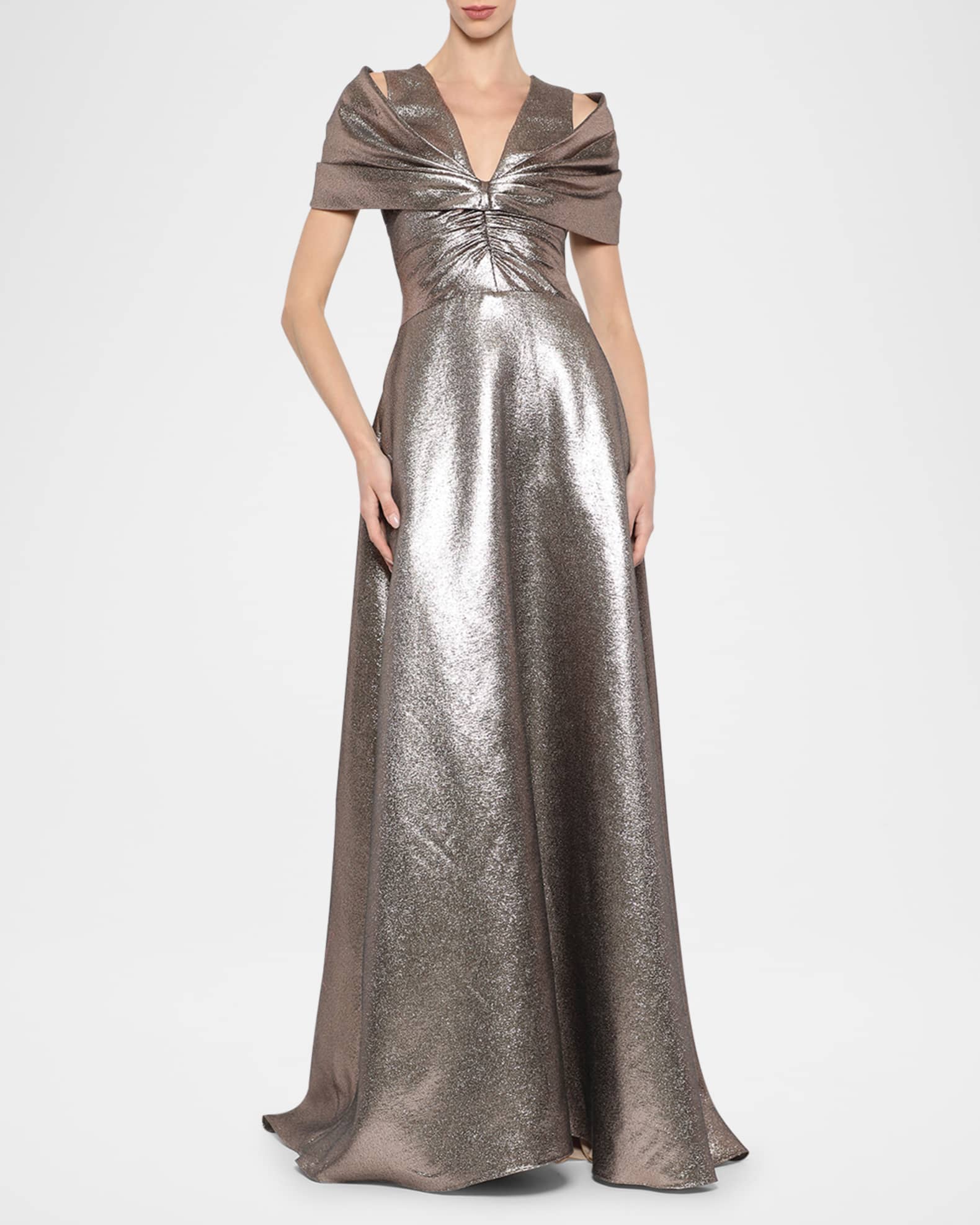 Atelier Prabal Gurung Chiara Metallic Draped-Shoulder Gown