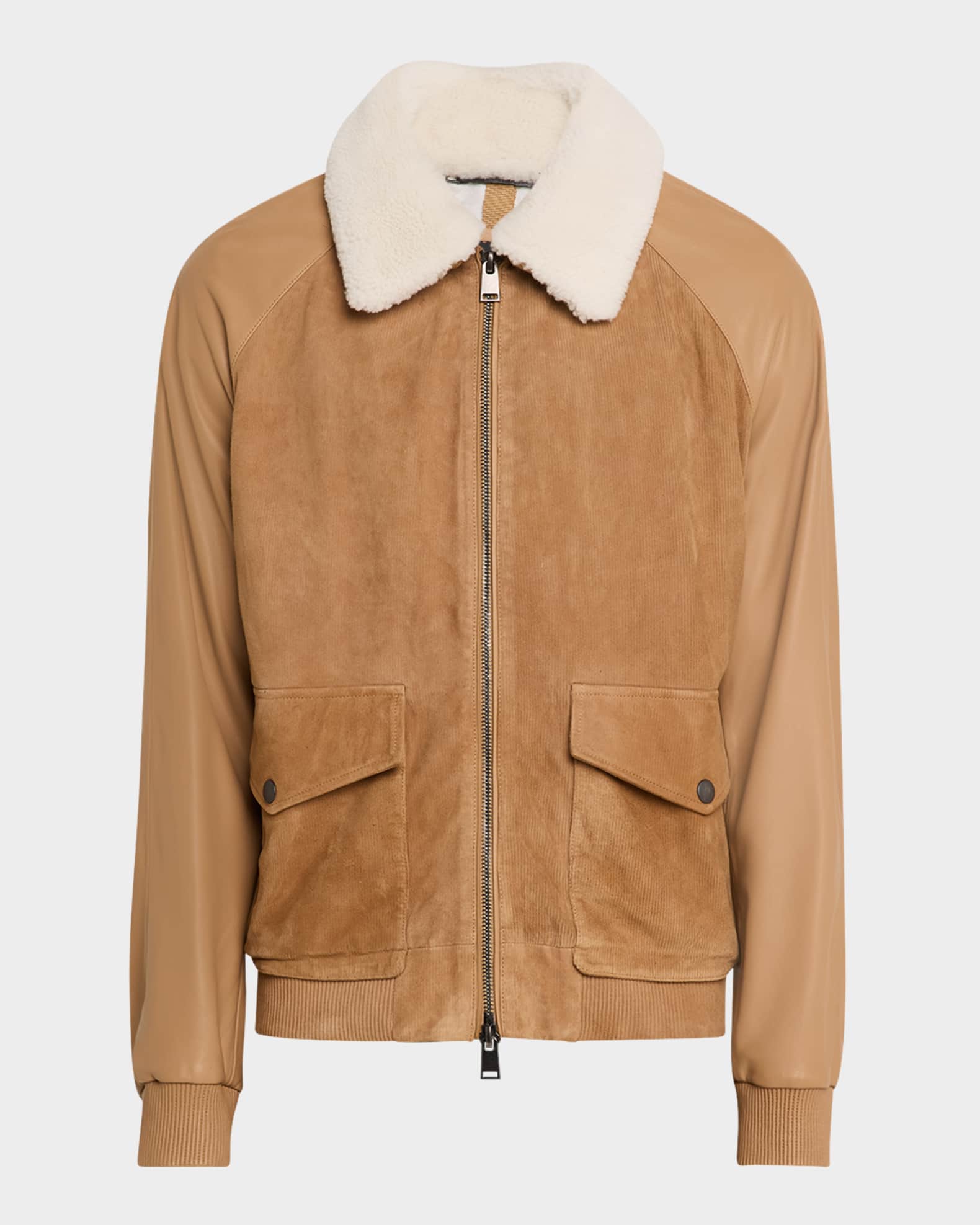 Men's Maduroy Shearling-Collar Corduroy and Leather Jacket