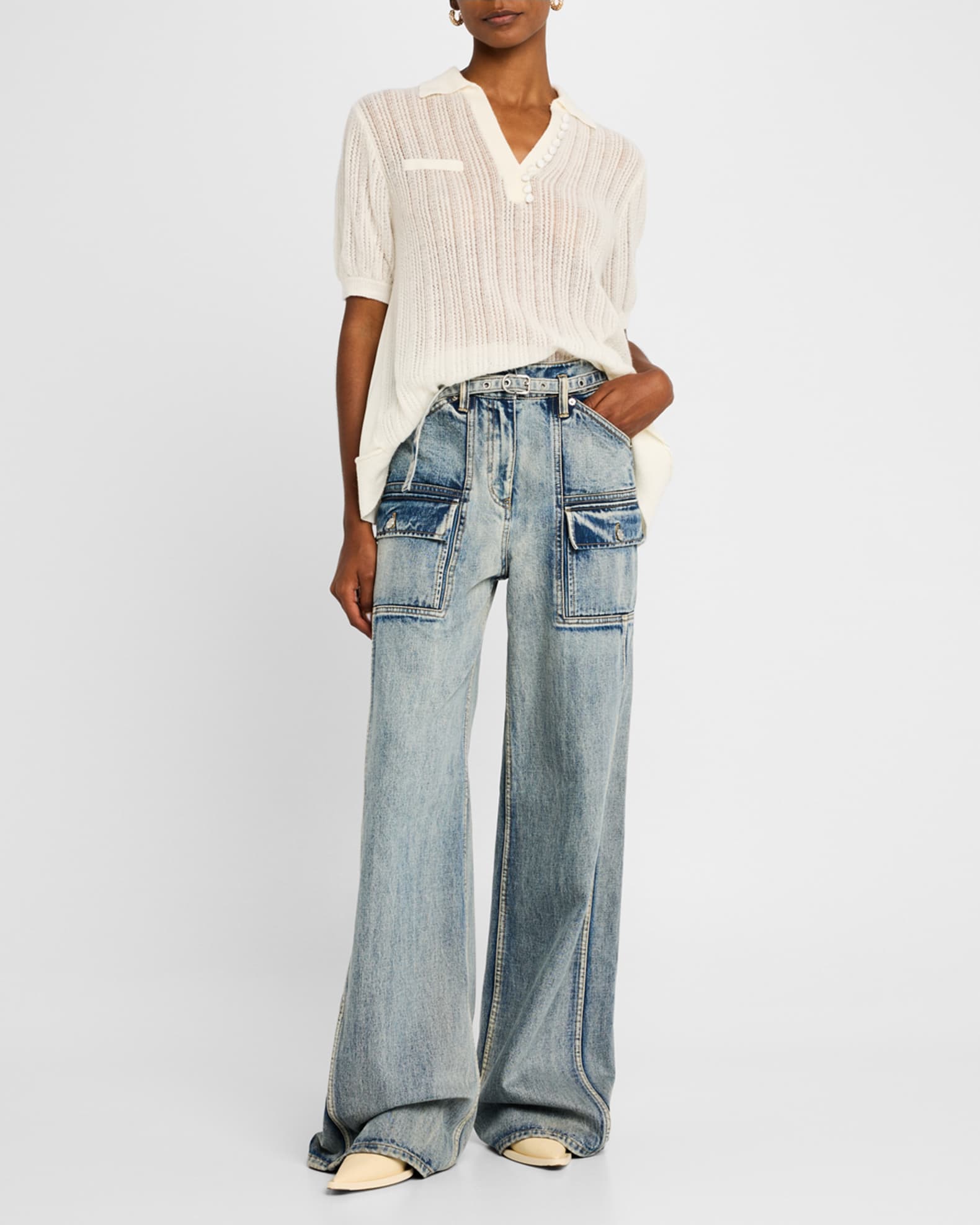 Airy Short-Sleeve Open-Knit Polo Top 1