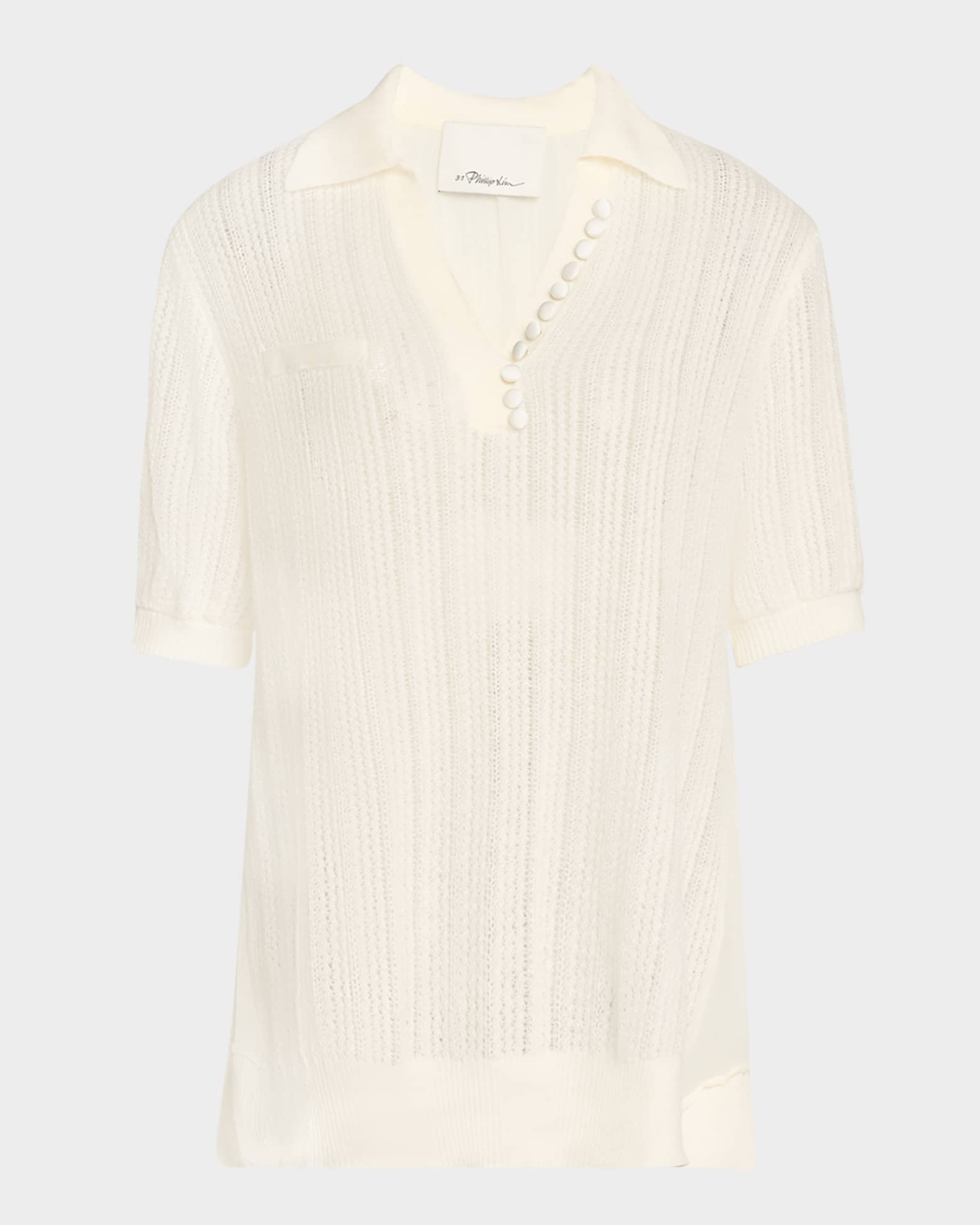 Airy Short-Sleeve Open-Knit Polo Top 0