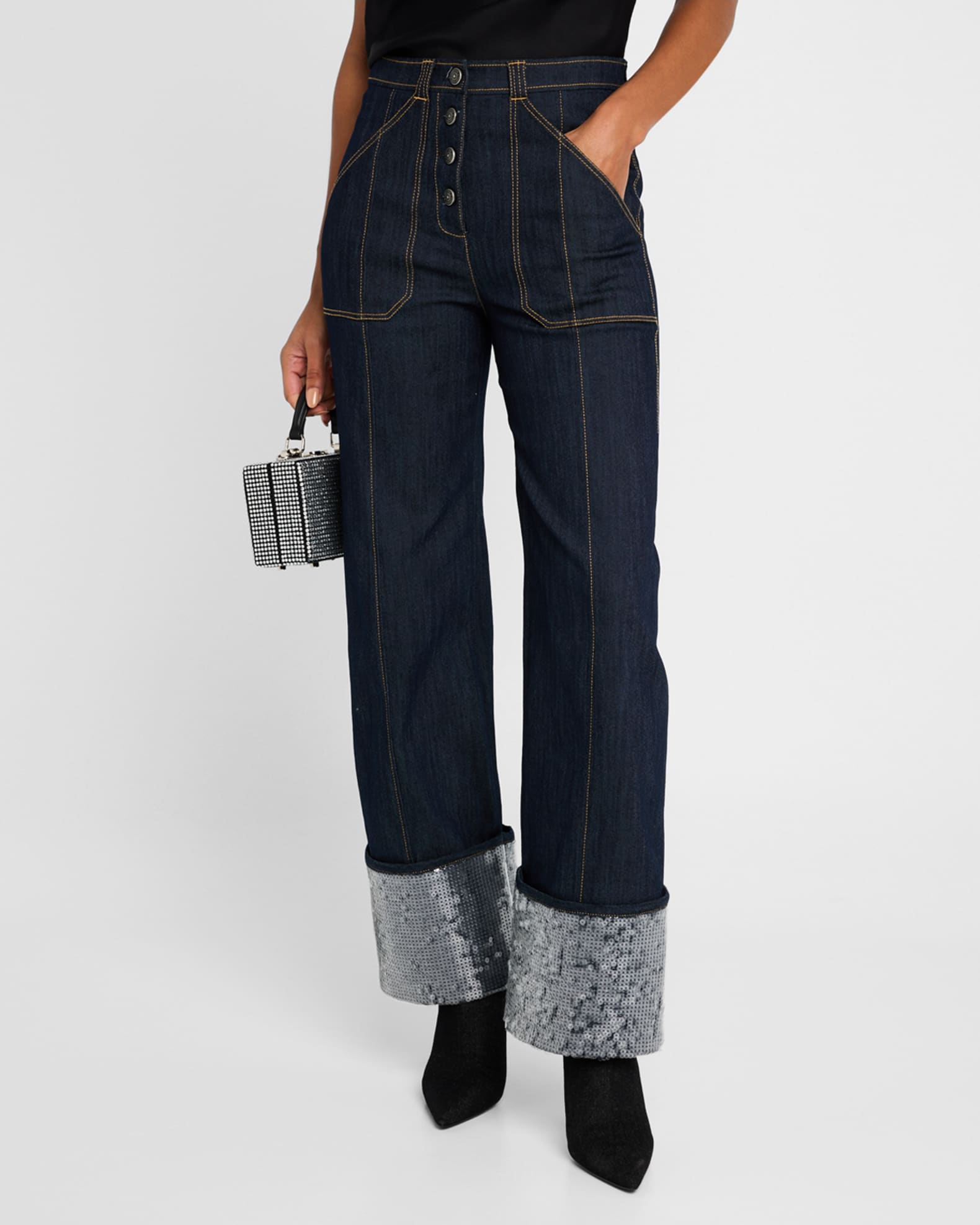 Cinq a Sept Benji Sequin Cuffed Denim Pants | Neiman Marcus