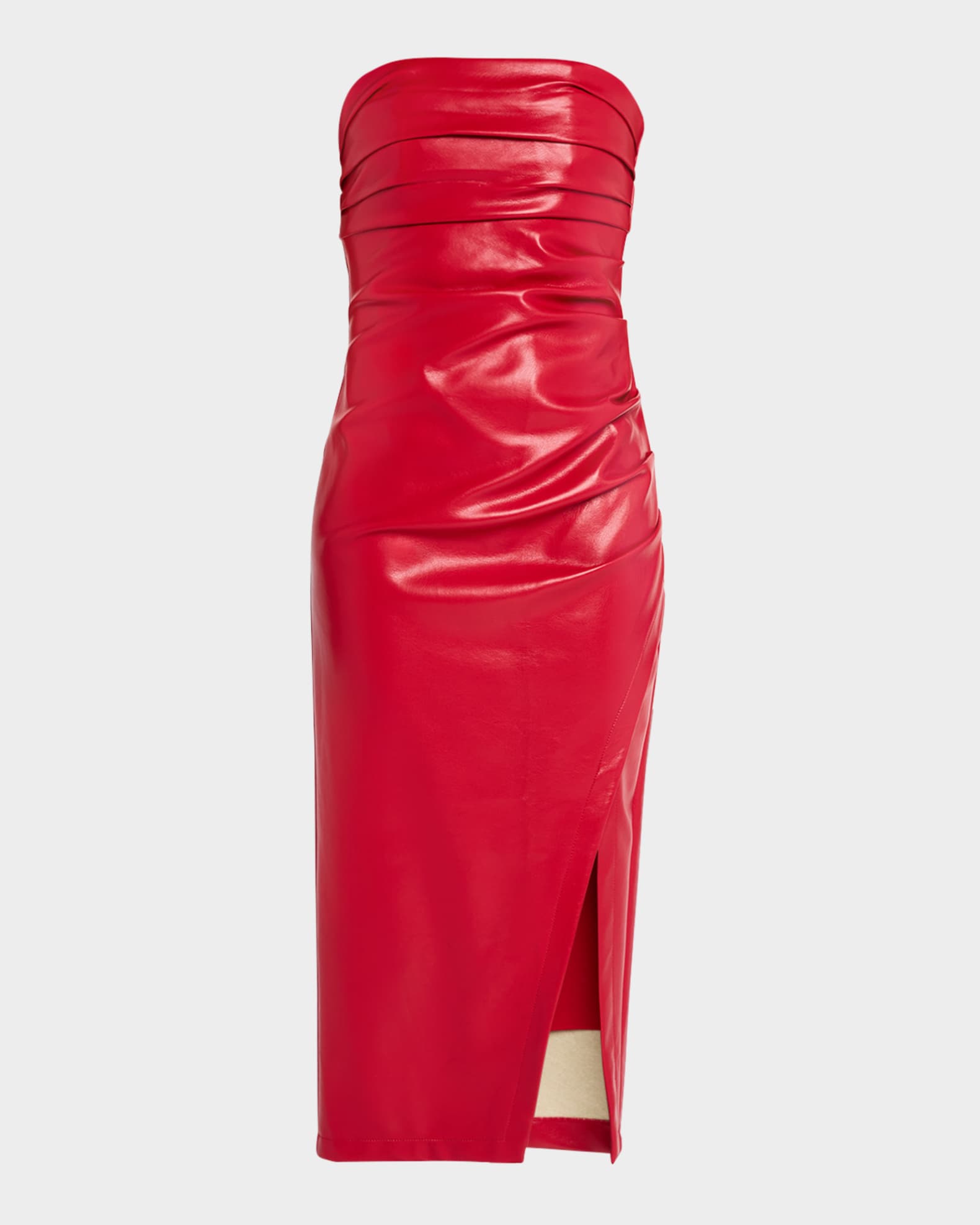 Cinq a Sept Adira Strapless Vegan Leather Midi Dress Red Currant