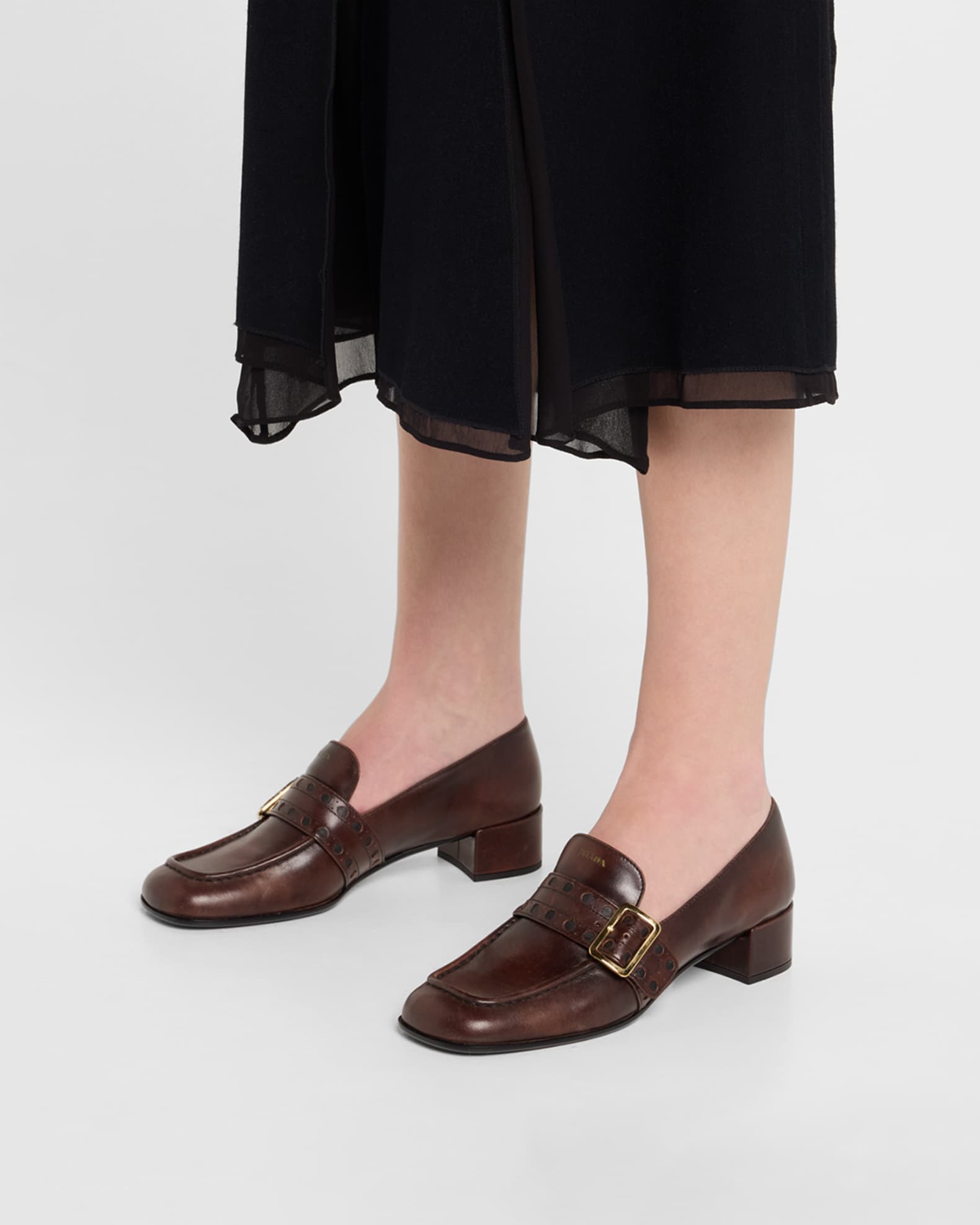 Perforated Leather Buckle Heeled Loafers 1