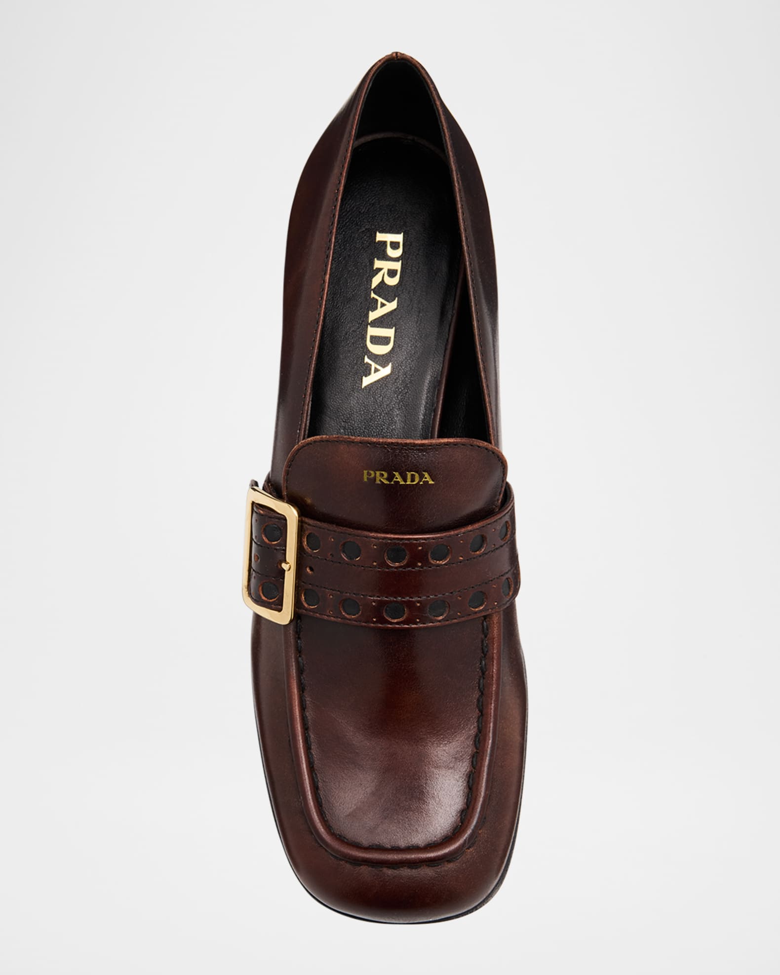 Prada Perforated Leather Buckle Heeled Loafers | Neiman Marcus