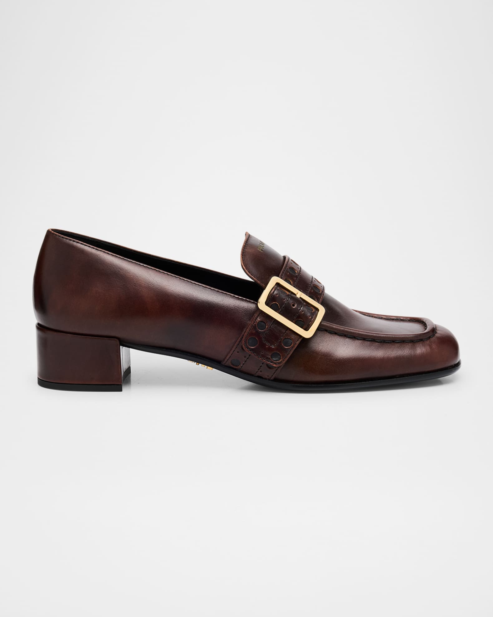 Perforated Leather Buckle Heeled Loafers 0