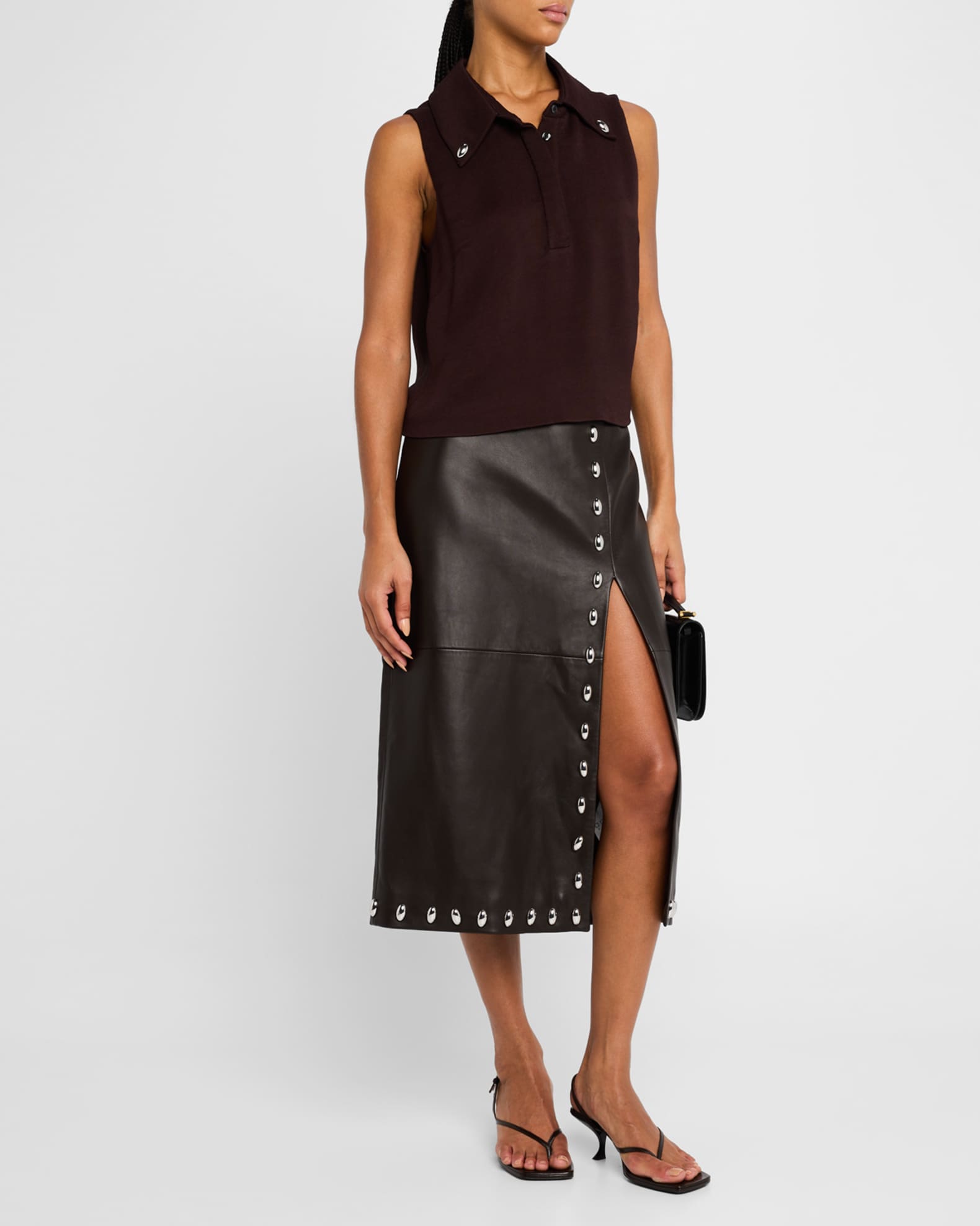 Naomi Stud-Embellished Faux Leather Midi Skirt 1