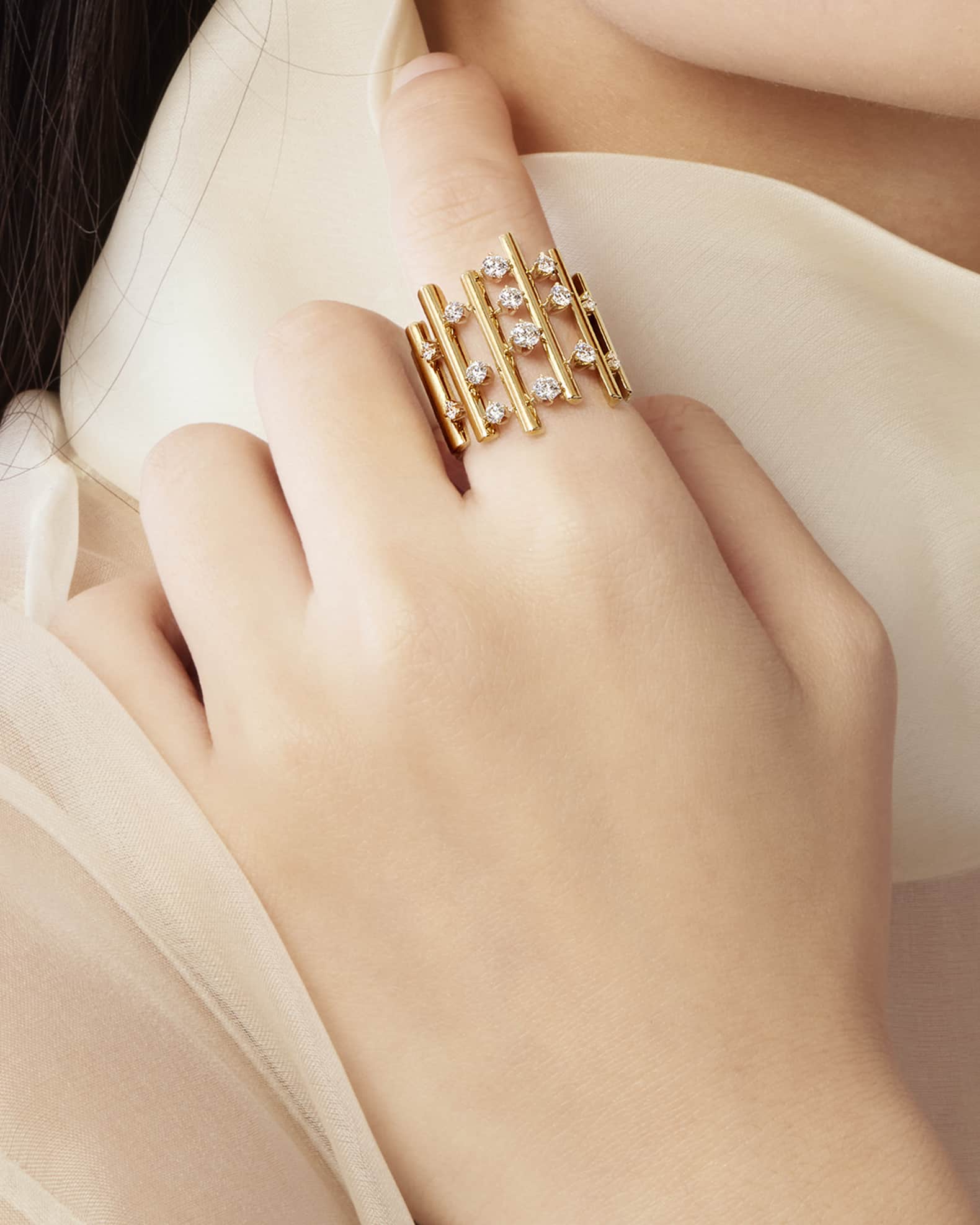 18K Yellow Gold Barre Multi-Row Diamond Ring 1