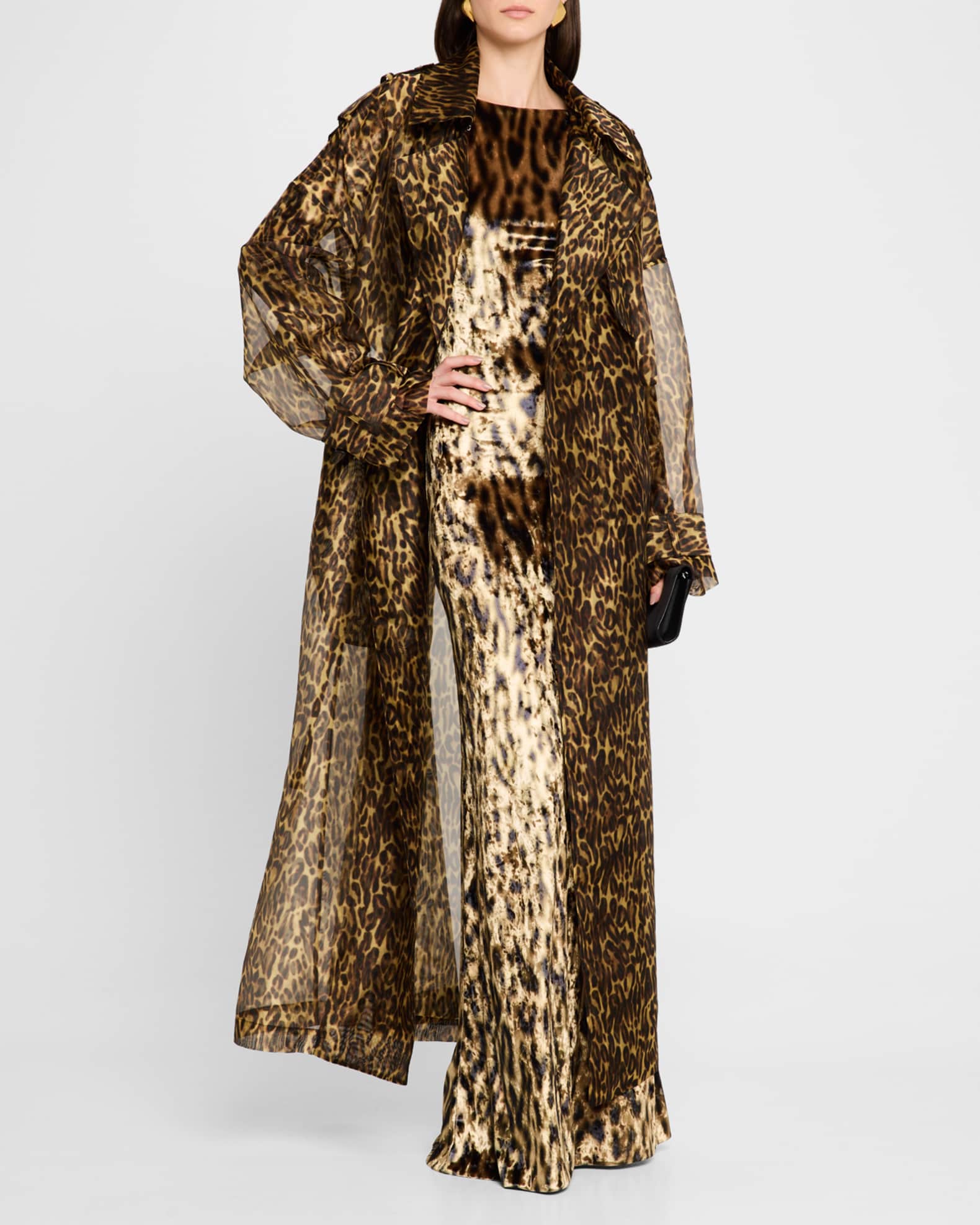 Leopard Print Organza Double Breasted Trench Coat