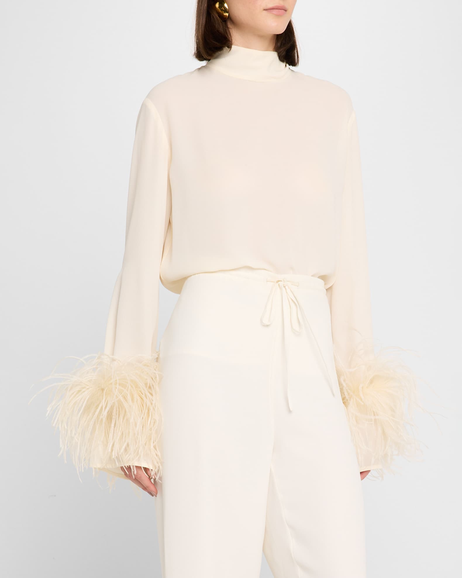 LAPOINTE Feather-Cuff Long-Sleeve Lightweight Georgette Top