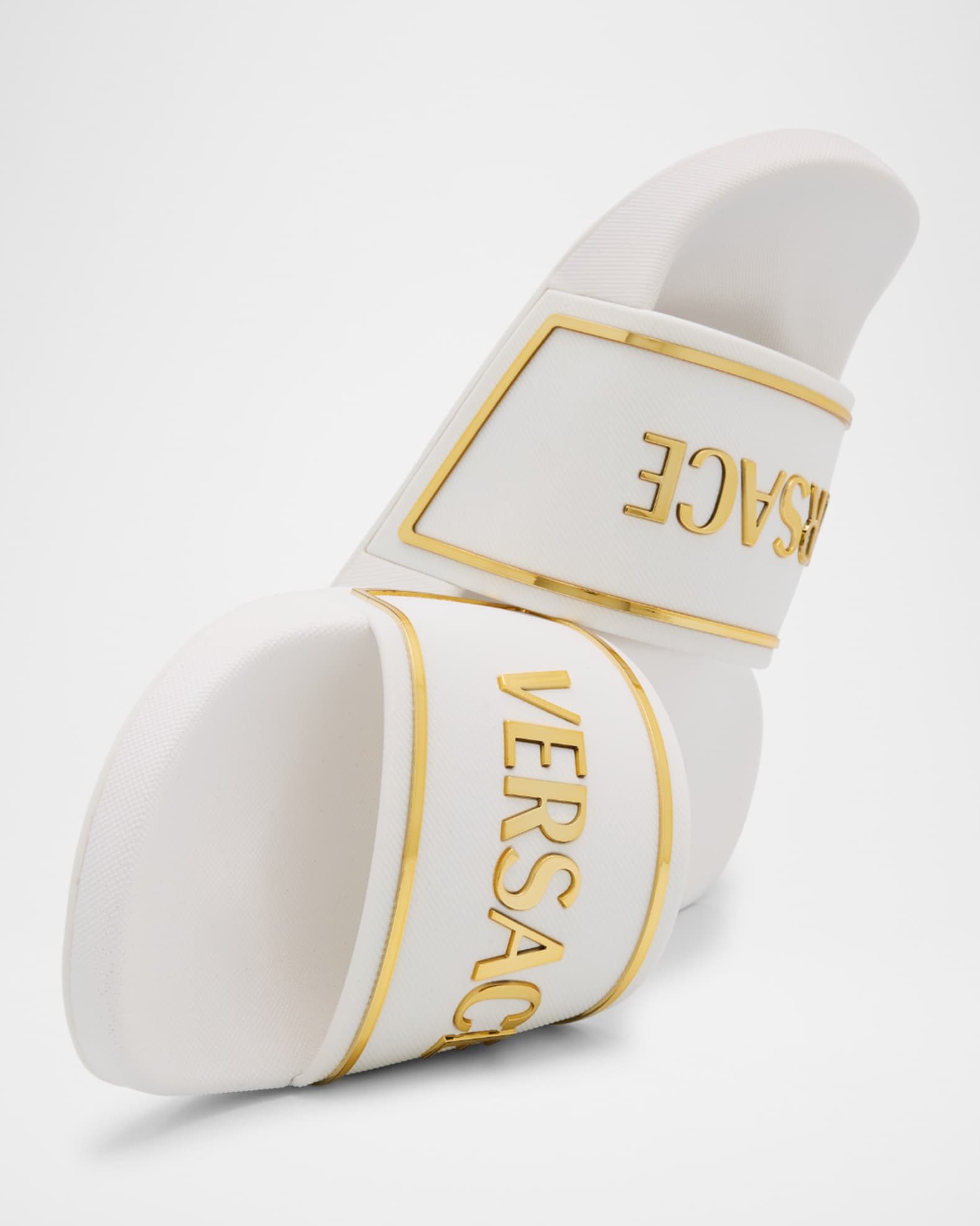 Versace Pool Slides with Gold-Tone Logo | Neiman Marcus