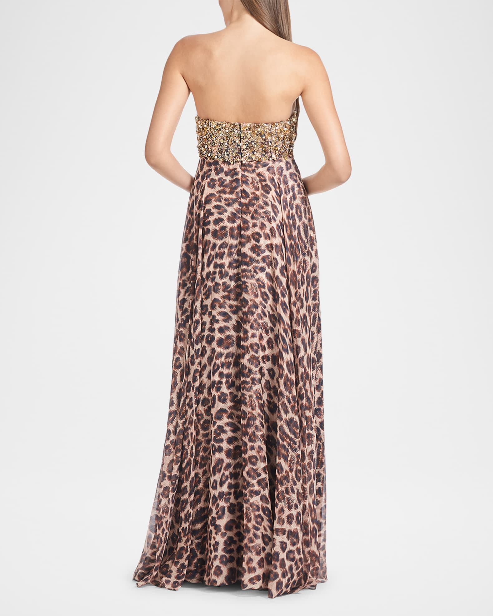 Sheath Strapless Leopard Print Satin Beaded High Side Slit and Train Prom Dress WU1555
