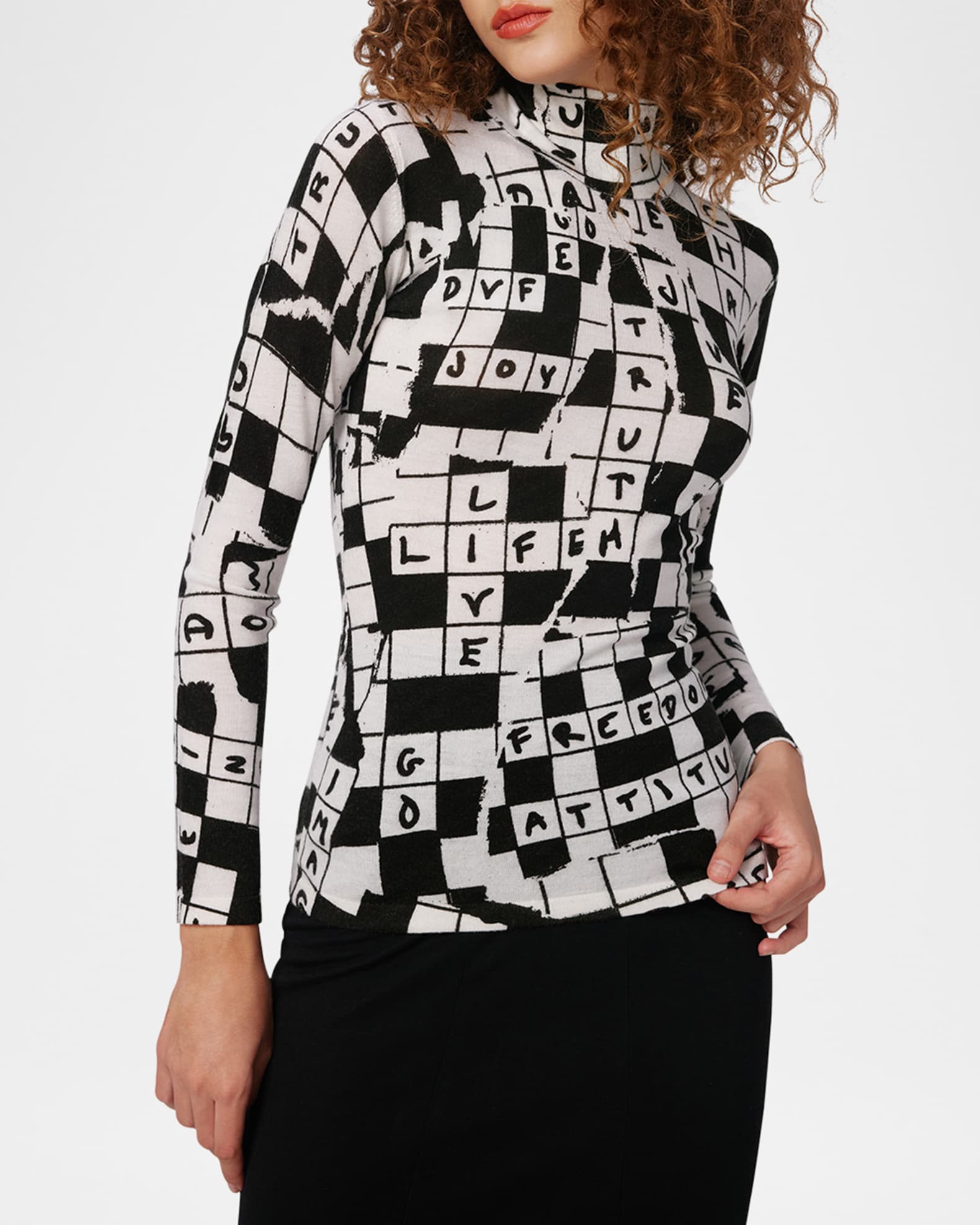 Brandy Crossword-Print Turtleneck Sweater 1