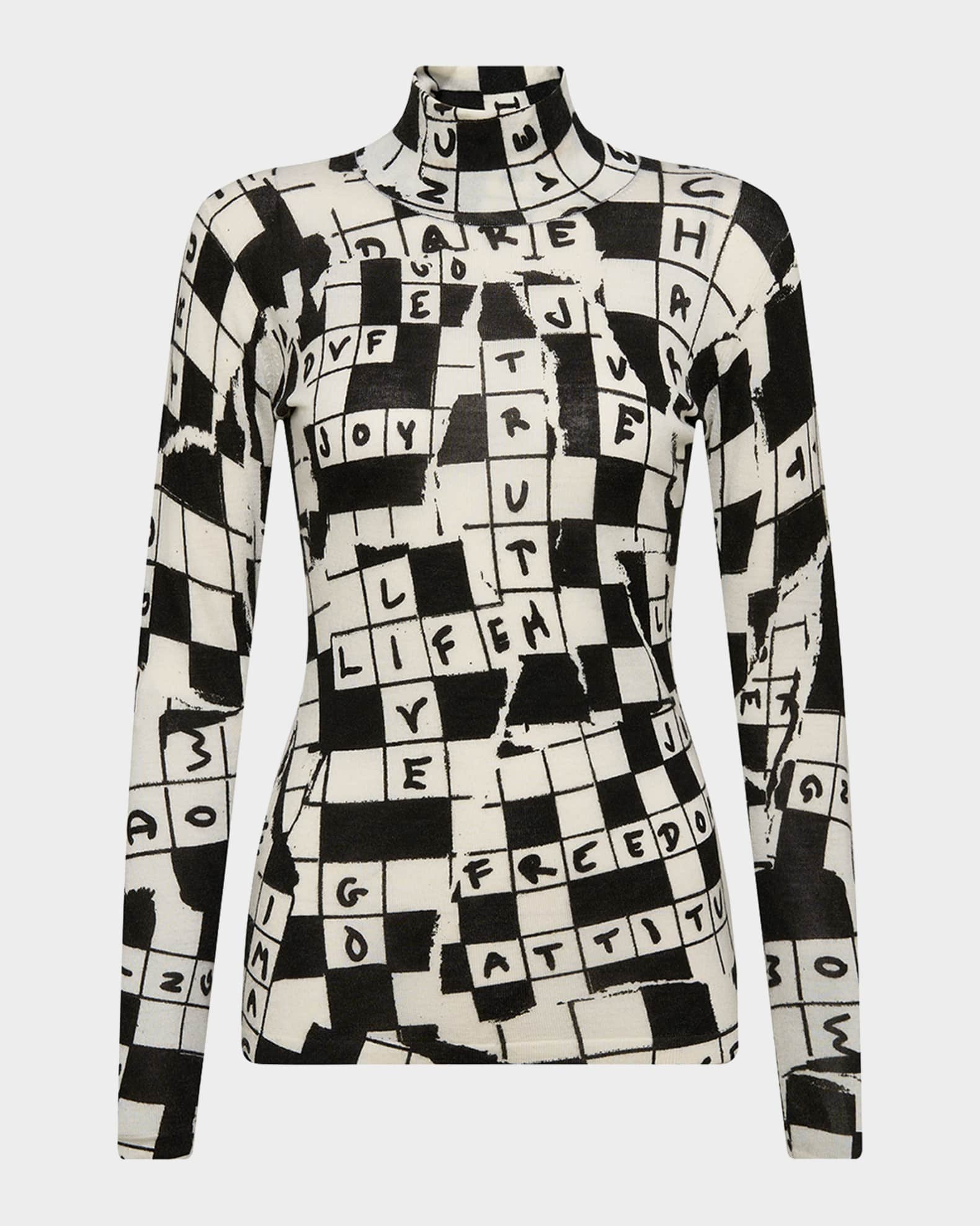 Brandy Crossword-Print Turtleneck Sweater 0