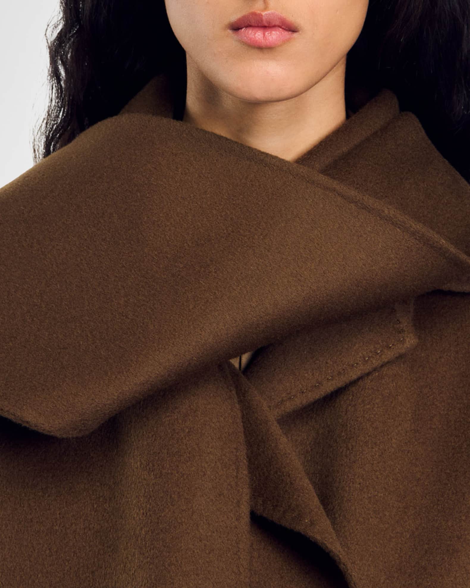 Sandro Uma Double-Face Wool Coat with Built-In Scarf | Neiman Marcus