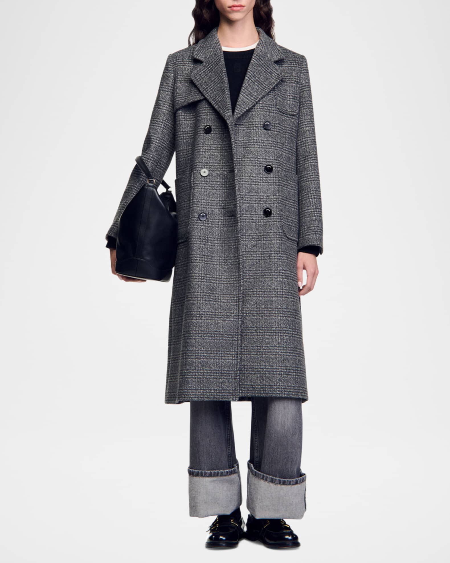 Stephane Houndstooth Plaid Wool Blend Overcoat