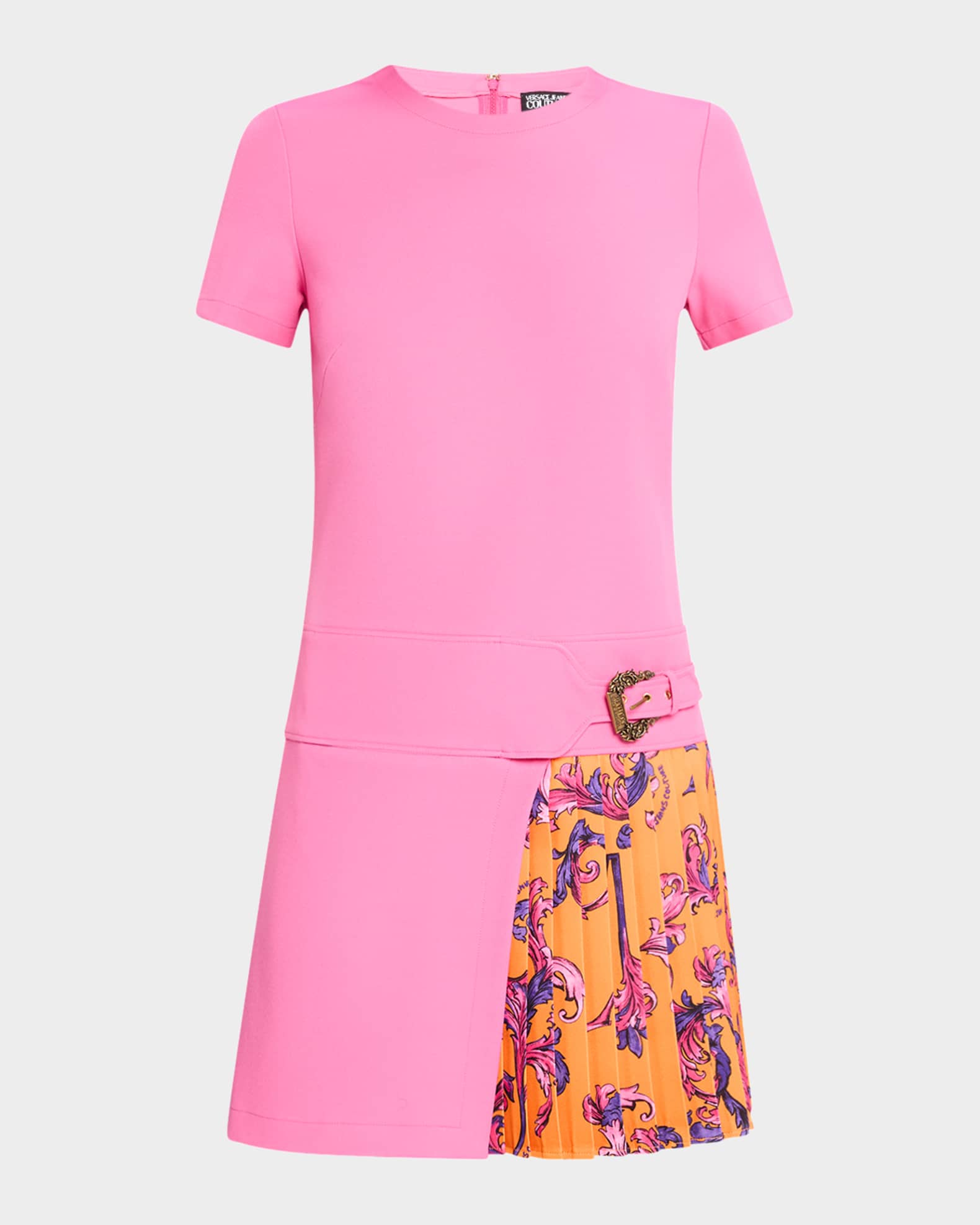 Short-Sleeve Pleated Barocco Mini Dress 0