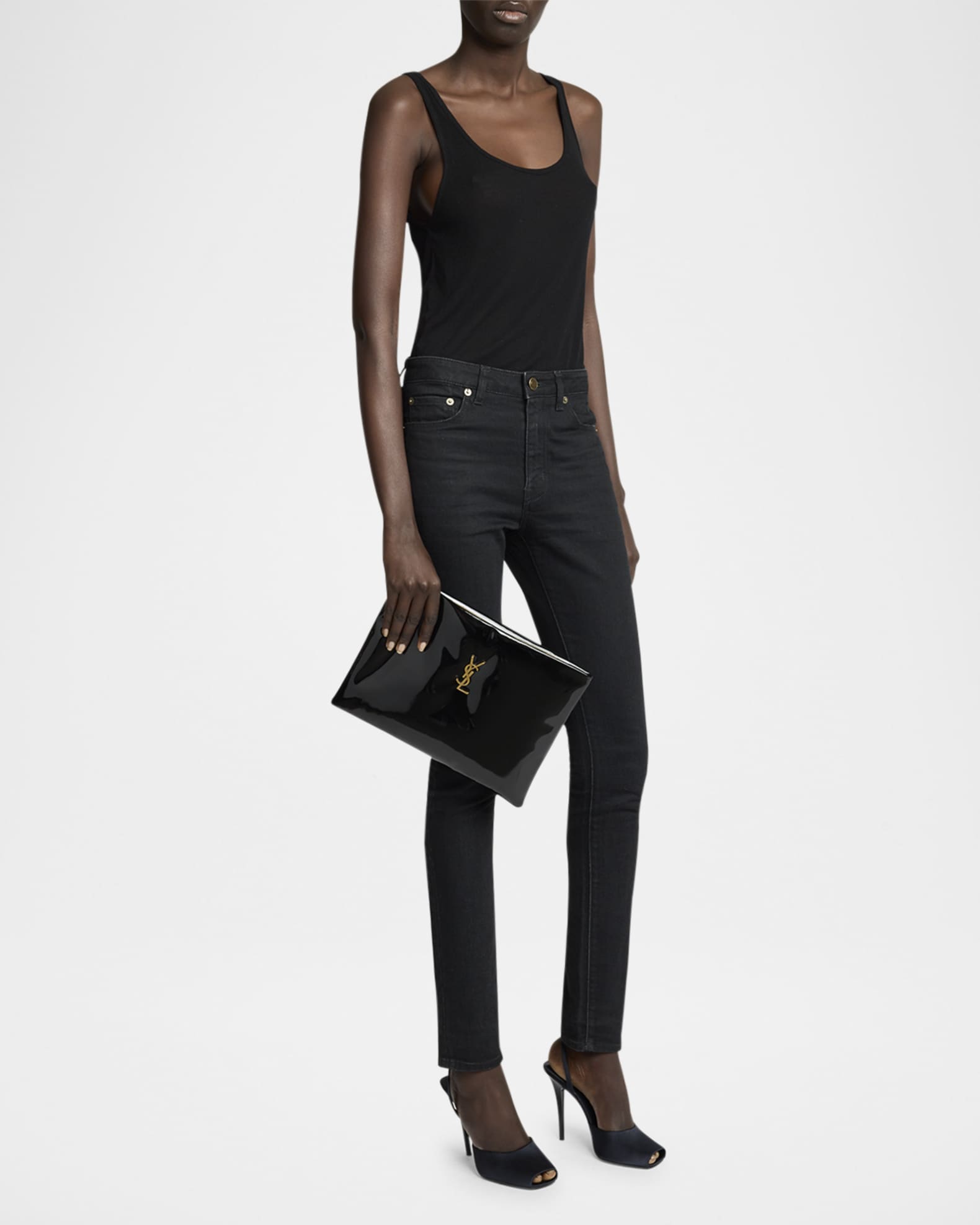 Saint Laurent YSL Large Zip Pouch Clutch Bag in Puffy Patent Polyurethane Neiman Marcus